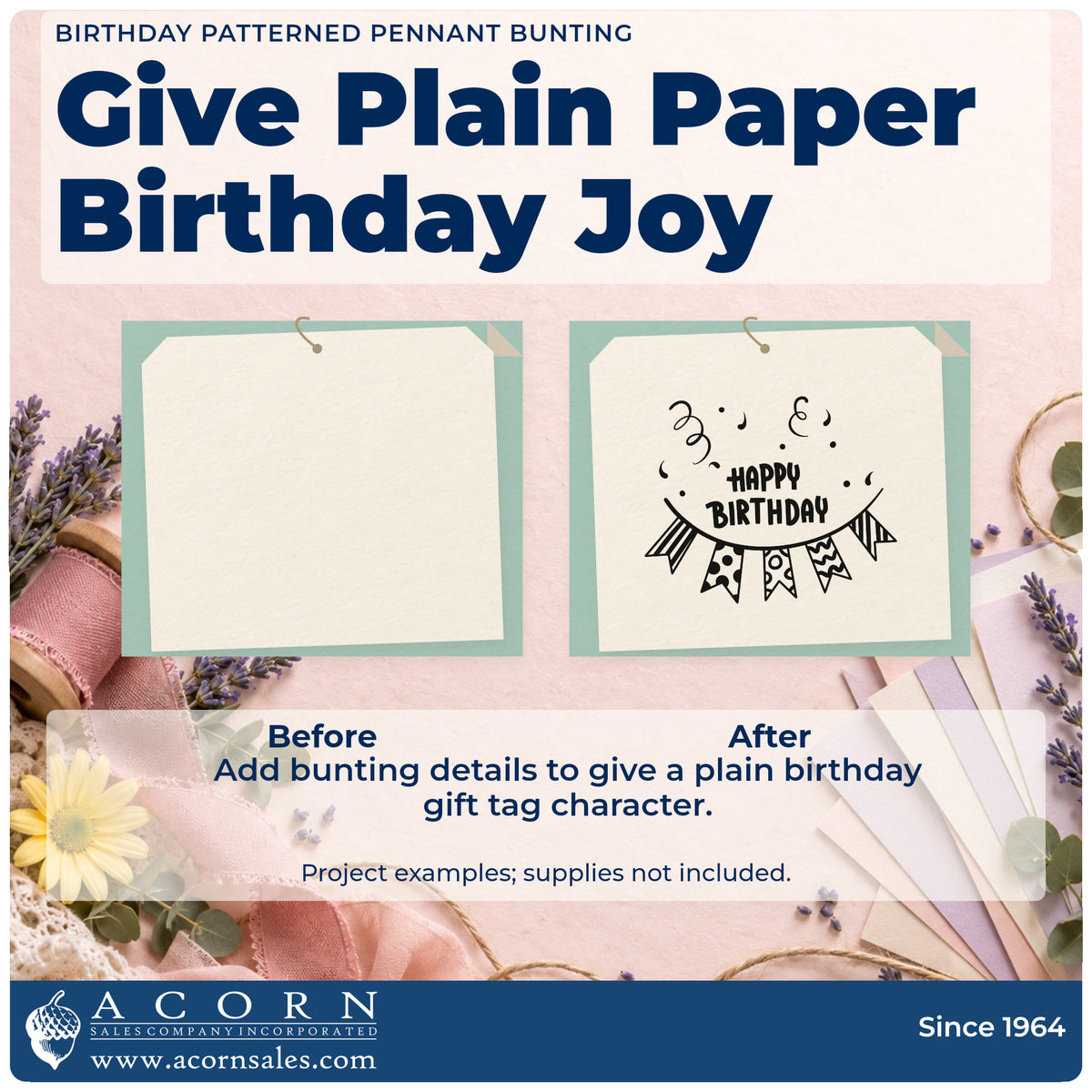 Before and after of a plain item finished with the Birthday Patterned Pennant Bunting Confetti Pre-Inked Stamp – Slim, a quick upgrade for framed day room.