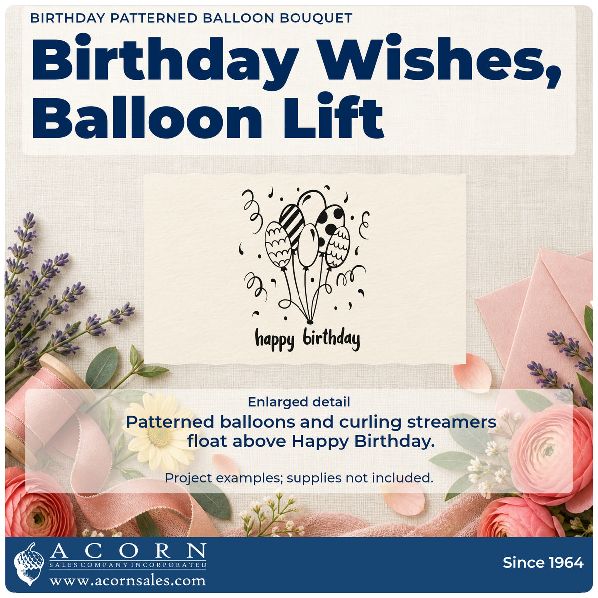 Enlarged detail of the Birthday Patterned Balloon Bouquet Rubber Stamp – Wood Handle imprint. A bunch of patterned balloons floats above happy birthday amid curling streamers.