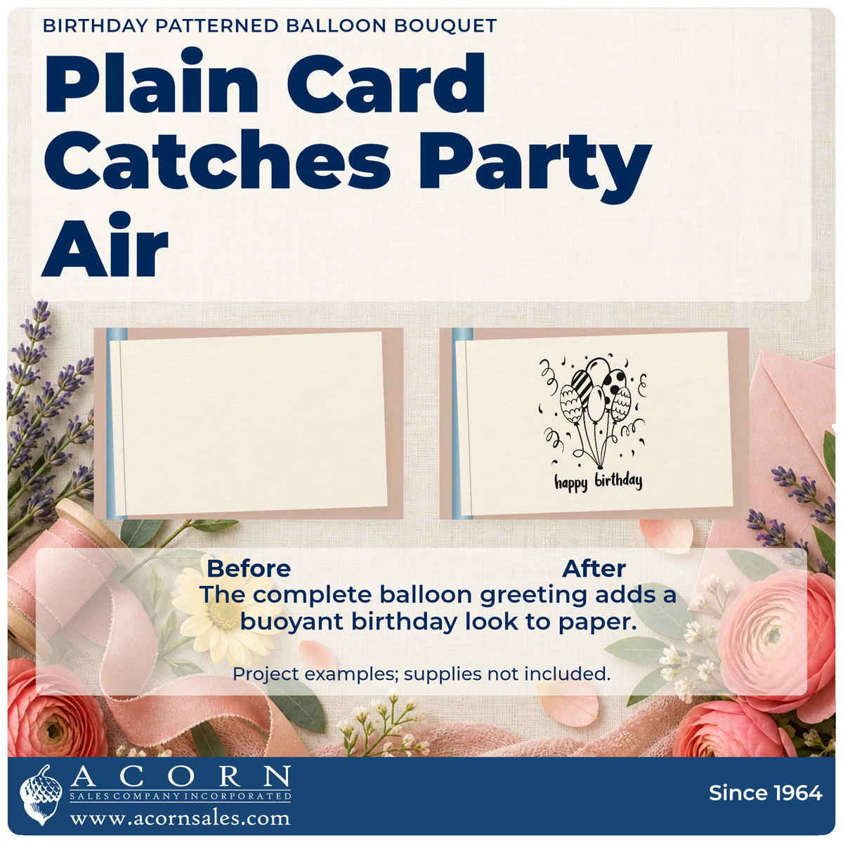 Before and after of a plain item finished with the Birthday Patterned Balloon Bouquet Stamp – Self-Inking, a quick upgrade for framed hall corner.