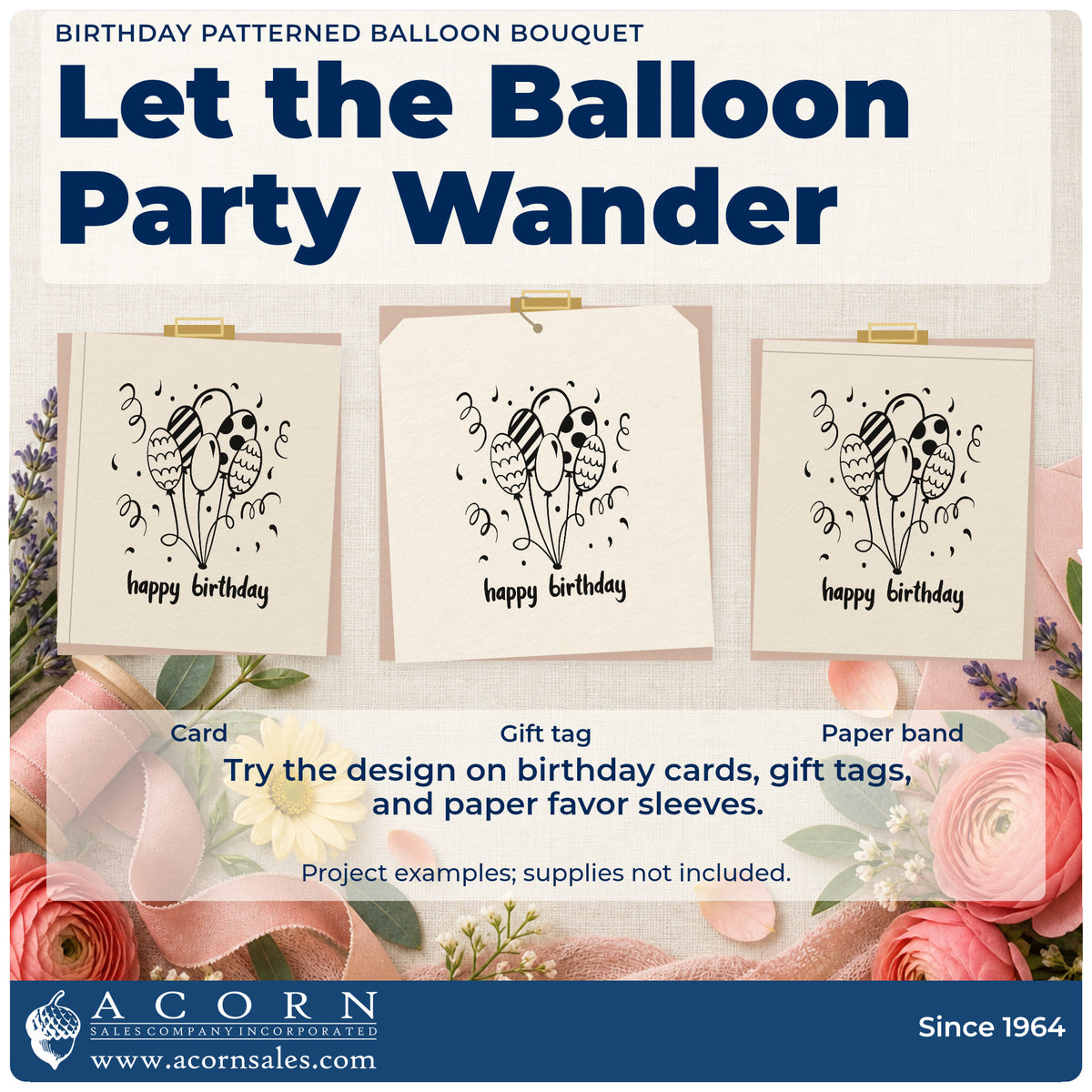 Three project examples made with the PSI Pre-Inked Birthday Patterned Balloon Bouquet Stamp, including secret plan sheet.