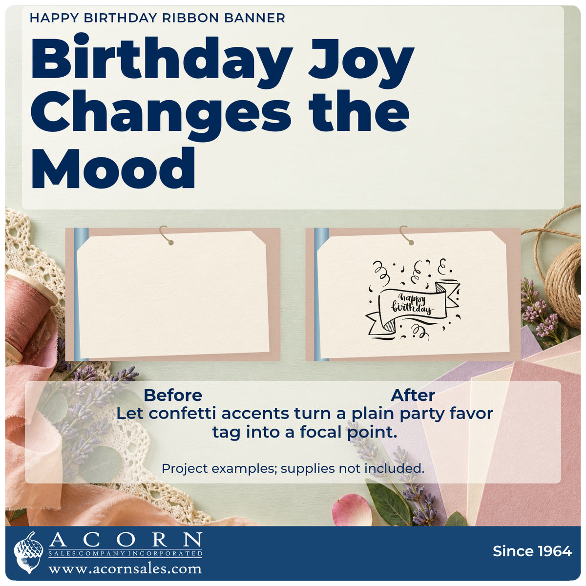 Before and after of a plain item finished with the Happy Birthday Ribbon Banner Pre-Inked Stamp – PSI, a quick upgrade for framed studio desk.