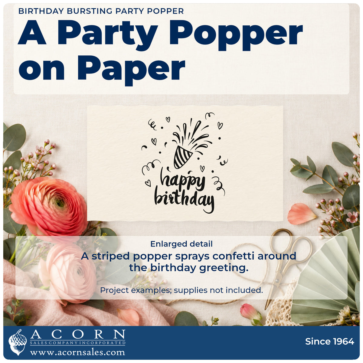 Enlarged detail of the Birthday Bursting Party Popper Confetti Pre-Inked Stamp – Slim imprint. A striped party popper sprays confetti above happy birthday among hearts and streamers.