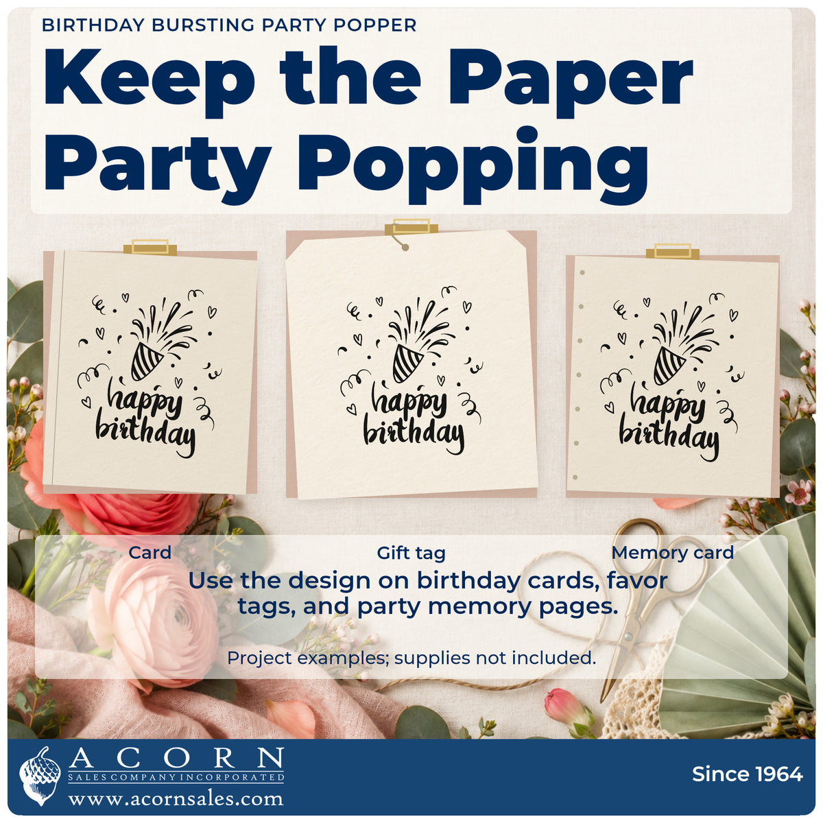 Three project examples made with the Birthday Bursting Party Popper Confetti PSI Pre-Inked Stamp, including two plan sheet.