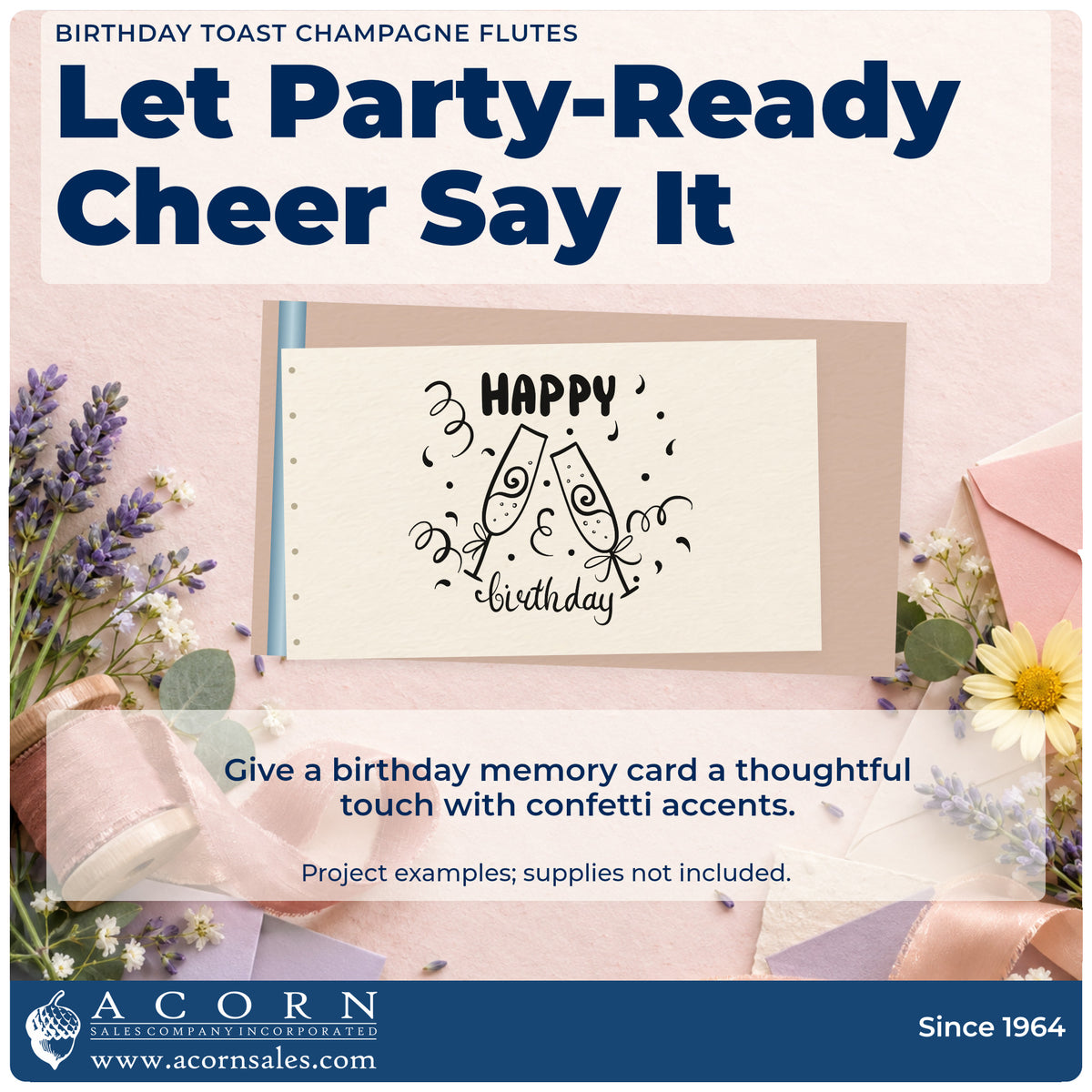 A finished handmade project stamped with the Birthday Toast Champagne Flutes Confetti Stamp – Self-Inking, ideal for twenty first album page.