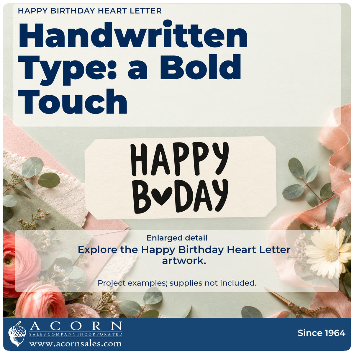 Enlarged detail of the Happy Birthday Heart Letter Wood Handle Stamp imprint. HAPPY B♥DAY appears in two lines of bold handwritten capitals.
