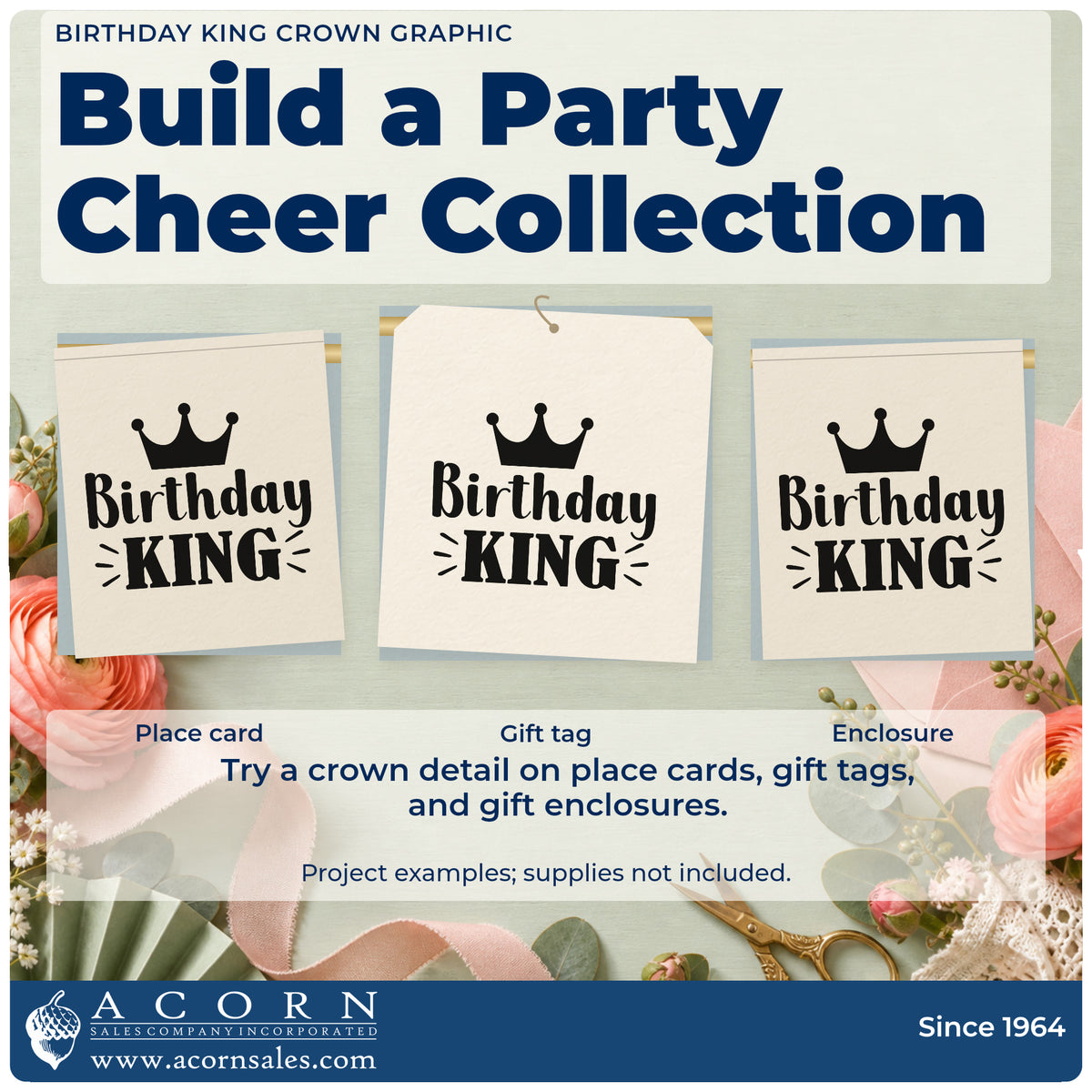 Three project examples made with the Crowned Birthday King Accent Lines Craft Stamp – Self-Inking, including day plan sheet.