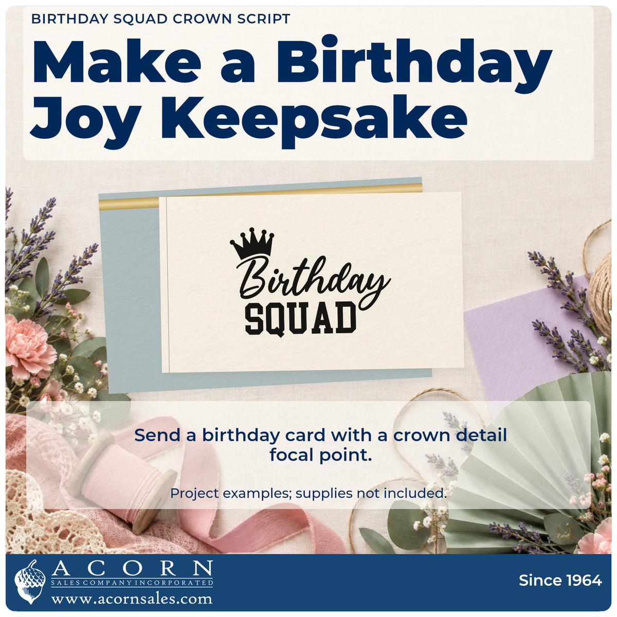 A finished handmade project stamped with the Birthday Squad Crown Script Self-Inking Stamp, ideal for group trip album page.