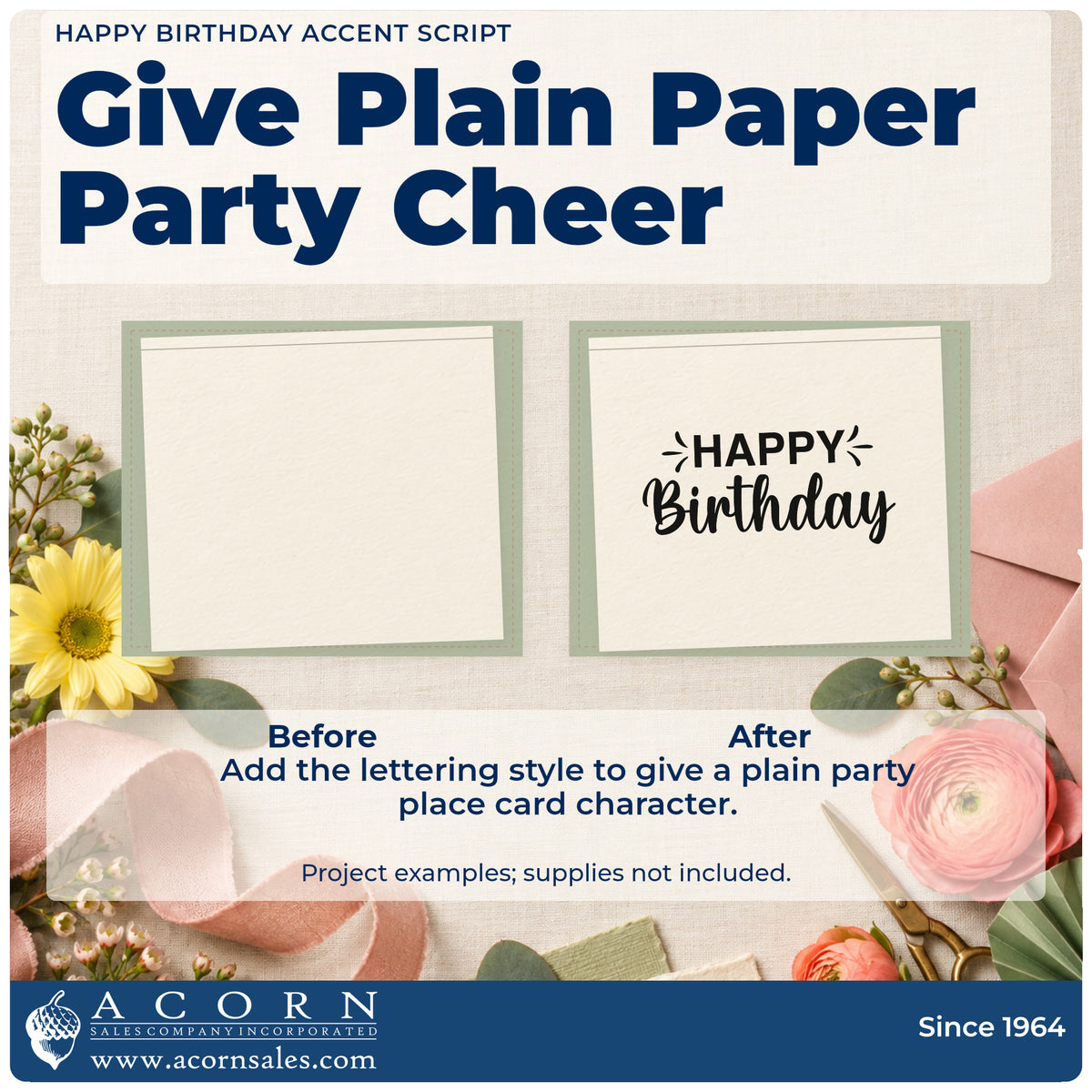 Before and after of a plain item finished with the Happy Birthday Accent Script Self-Inking Craft Stamp, a quick upgrade for framed studio entry.