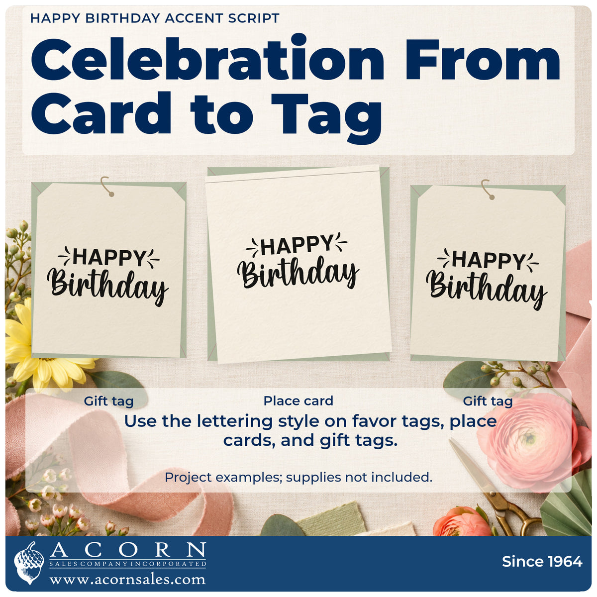 Three project examples made with the Happy Birthday Accent Script Rubber Stamp – Duo Hand, including birthday board sheet.