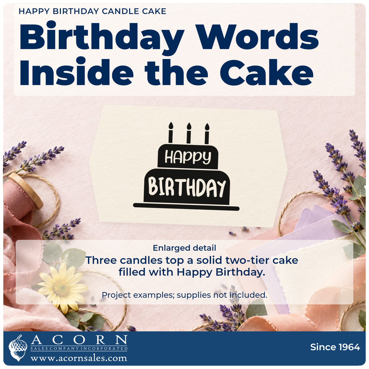 Enlarged detail of the Happy Birthday Candle Cake Lettering Pre-Inked Stamp – Slim imprint. A solid two-tier cake with three candles contains the words HAPPY BIRTHDAY.