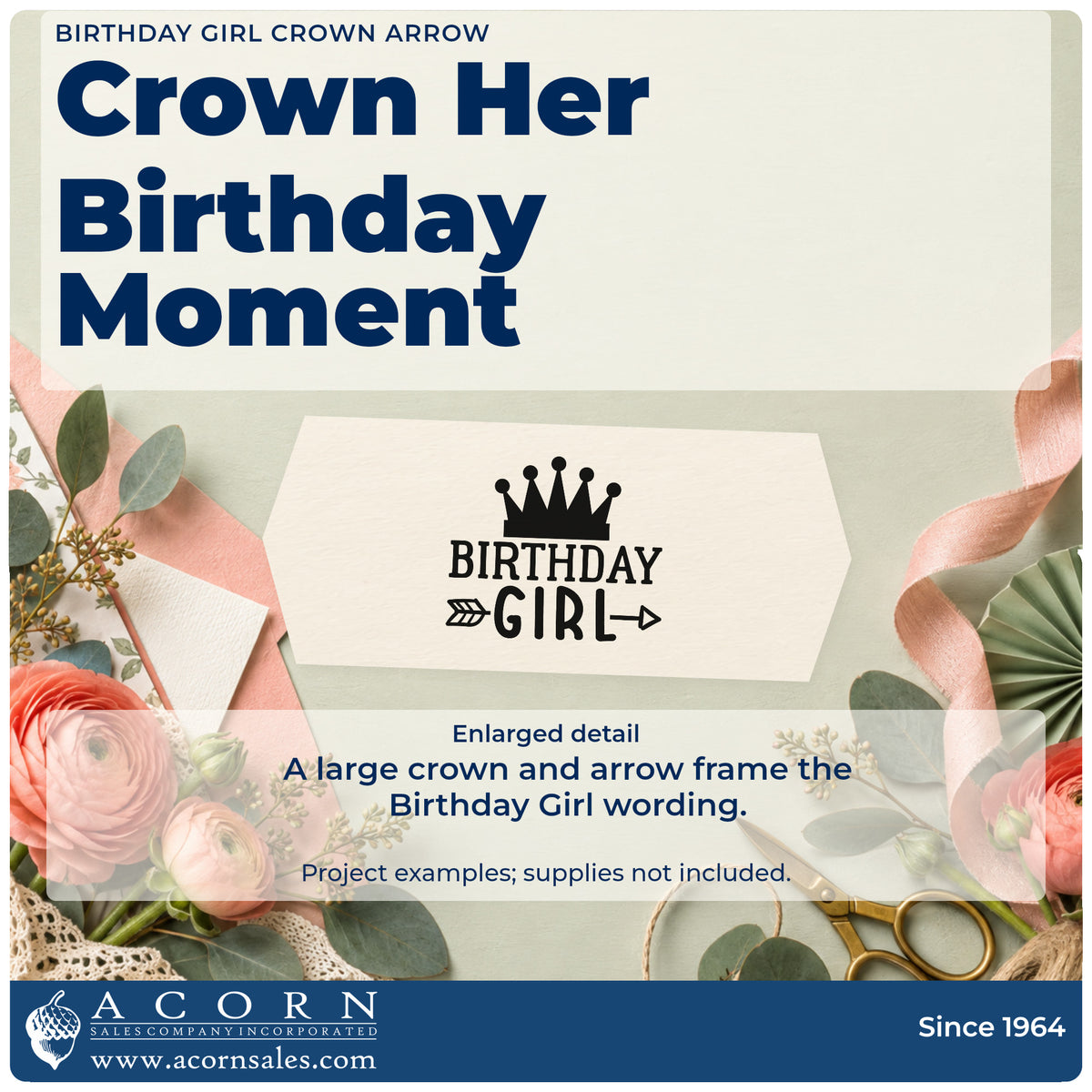 Enlarged detail of the Crowned Birthday Girl Arrow Lettering Pre-Inked Stamp – Slim imprint. A large crown sits above BIRTHDAY GIRL with an arrow through the bottom line.