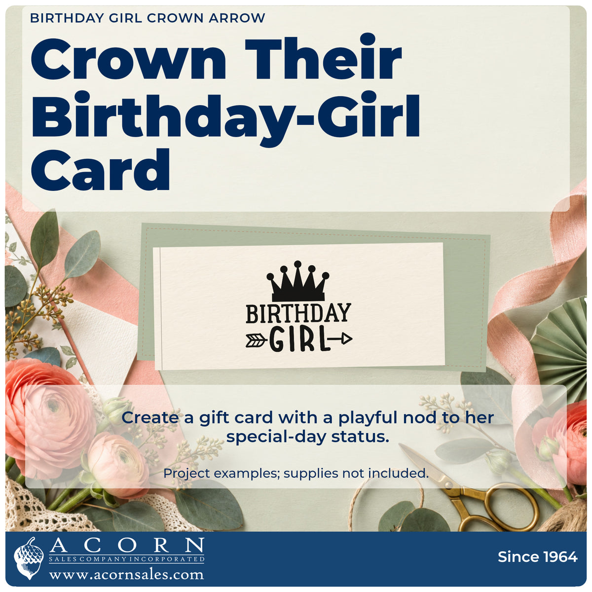 A finished handmade project stamped with the Crowned Birthday Girl Arrow Lettering Rubber Stamp – Duo Hand, ideal for daughter album page.