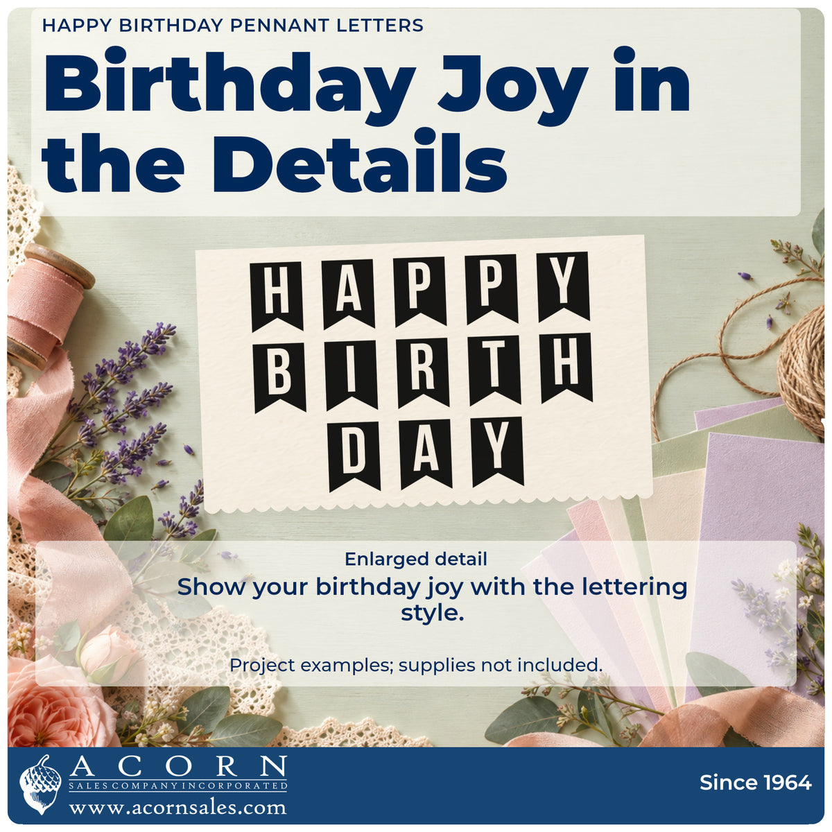 Enlarged detail of the Happy Birthday Pennant Letters Slim Pre-Inked Stamp imprint. HAPPY BIRTH DAY appears as negative-space letters on three rows of individual dark pennants.