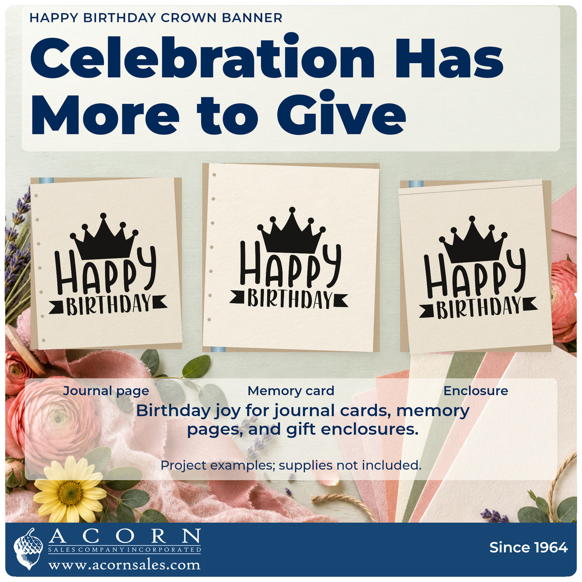 Three project examples made with the Happy Birthday Crown Banner PSI Pre-Inked Stamp, including toast order sheet.