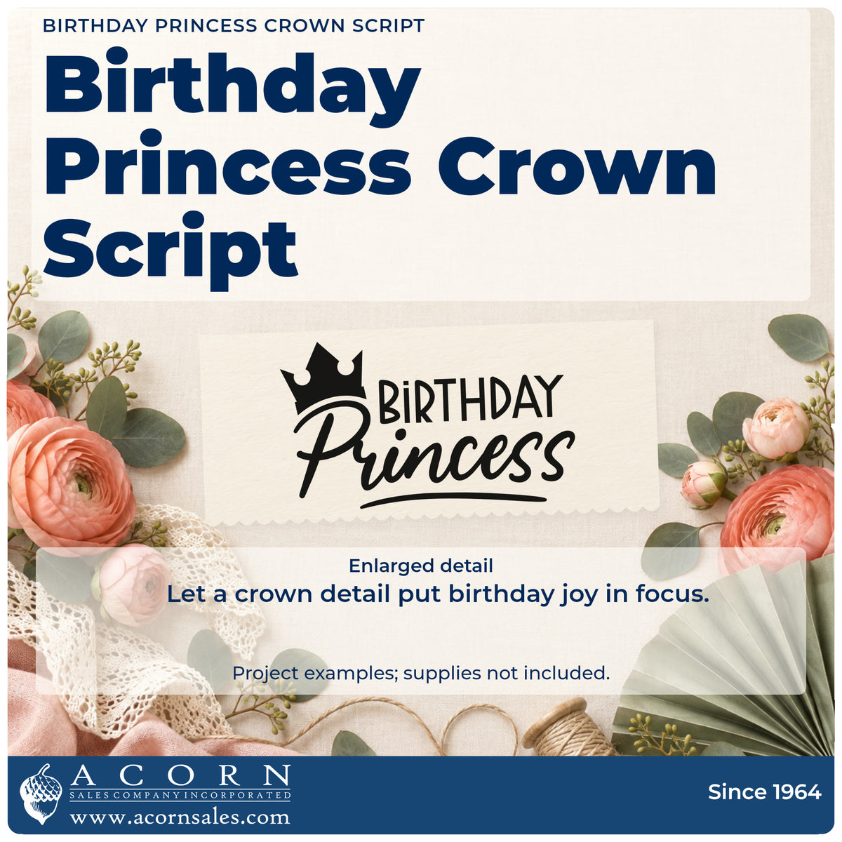 Enlarged detail of the Birthday Princess Crown Script Lettering Craft Stamp – Self-Inking imprint. BIRTHDAY Princess appears with a tilted crown and script underline.