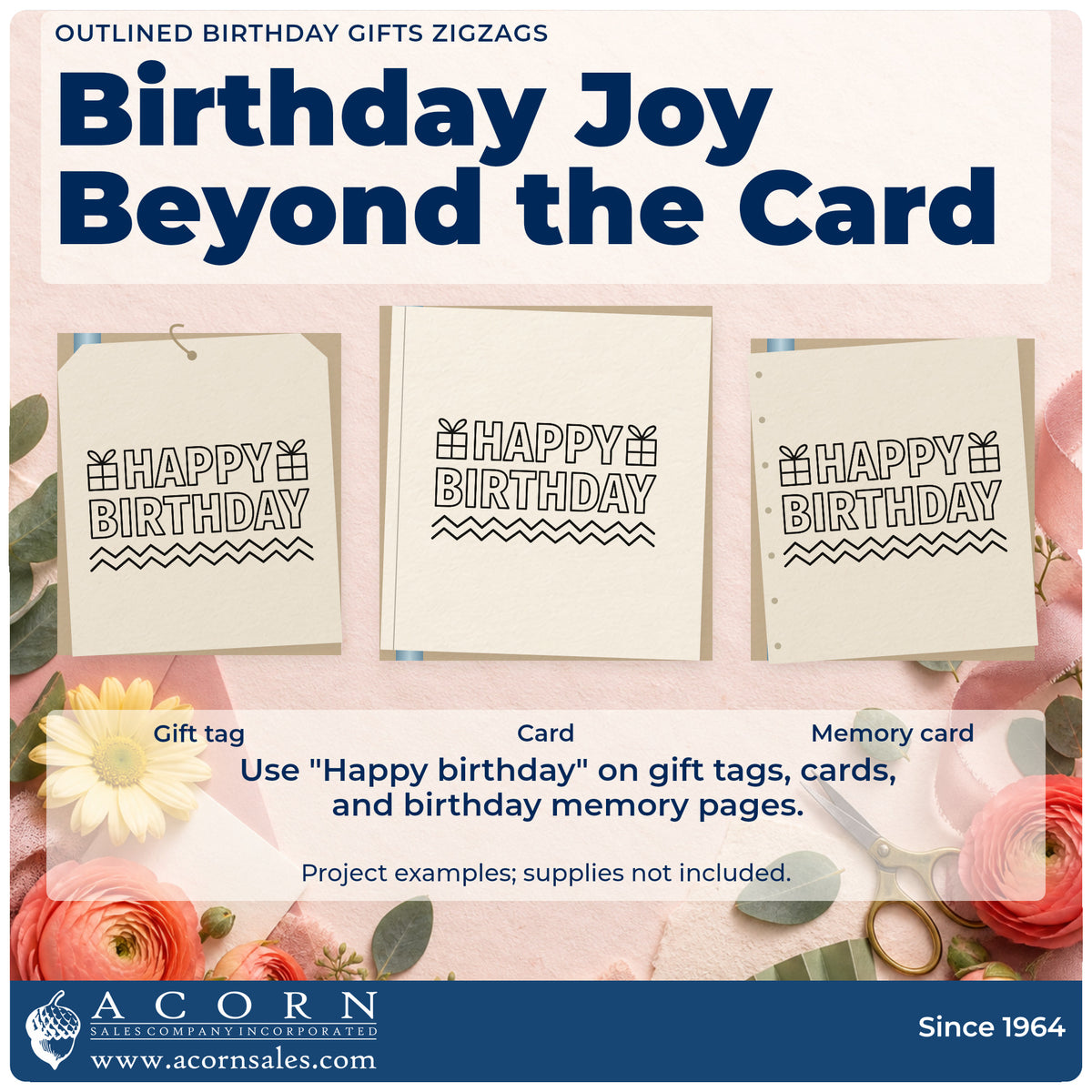 Three project examples made with the Vintage Pro Happy Birthday Gifts And Zigzags Premium Wooden Stamp, including activity plan sheet.