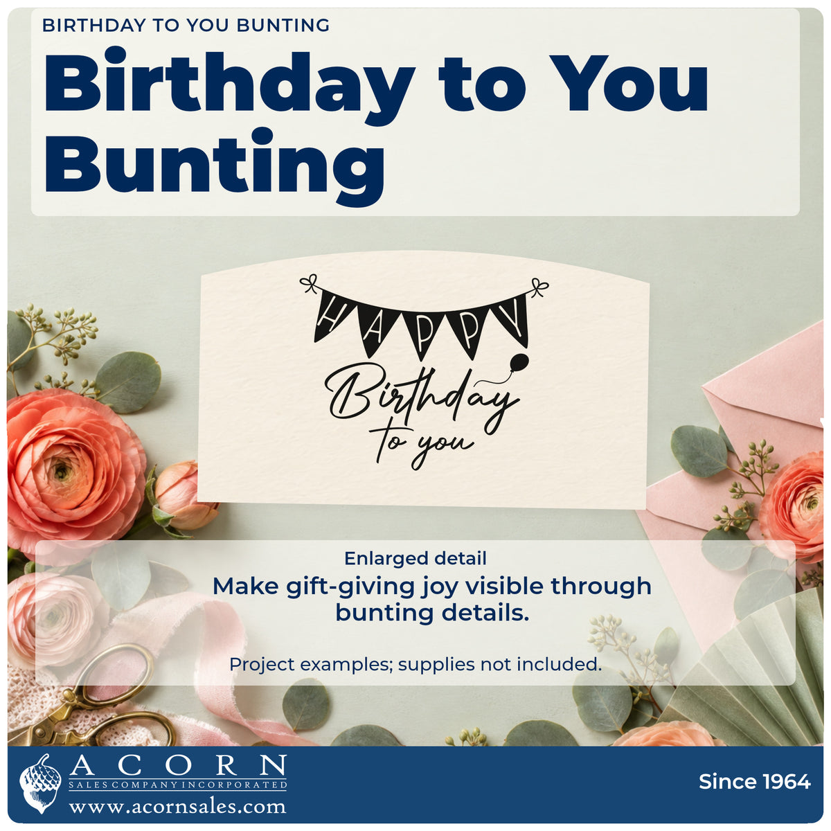 Enlarged detail of the Birthday To You Bunting Balloons Rubber Stamp – Wood Handle imprint. HAPPY appears on triangular pennants above Birthday to you with a small balloon.