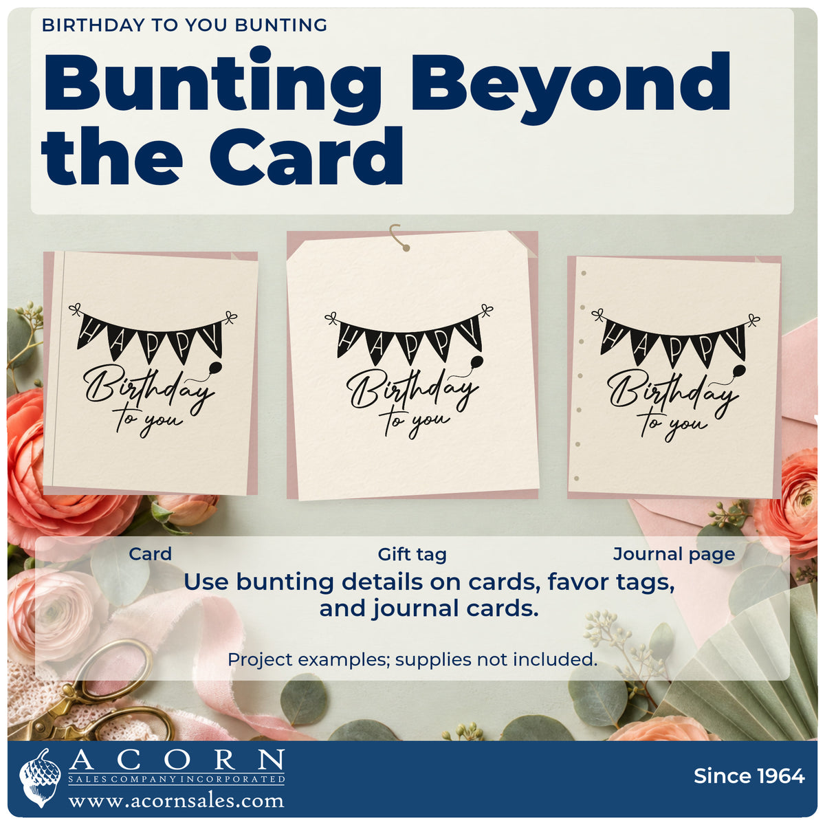 Three project examples made with the Birthday To You Bunting Balloons Duo Hand Stamp, including birthday chart sheet.