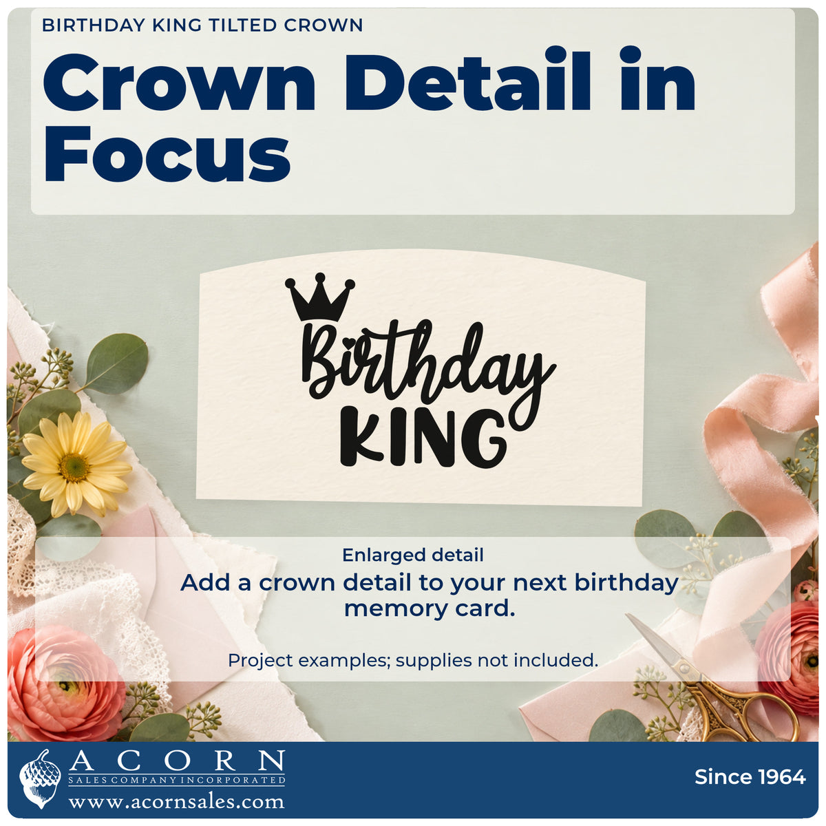 Enlarged detail of the Tilted Crown Birthday King Rubber Stamp – Duo Hand imprint. Birthday KING appears below a tilted crown.