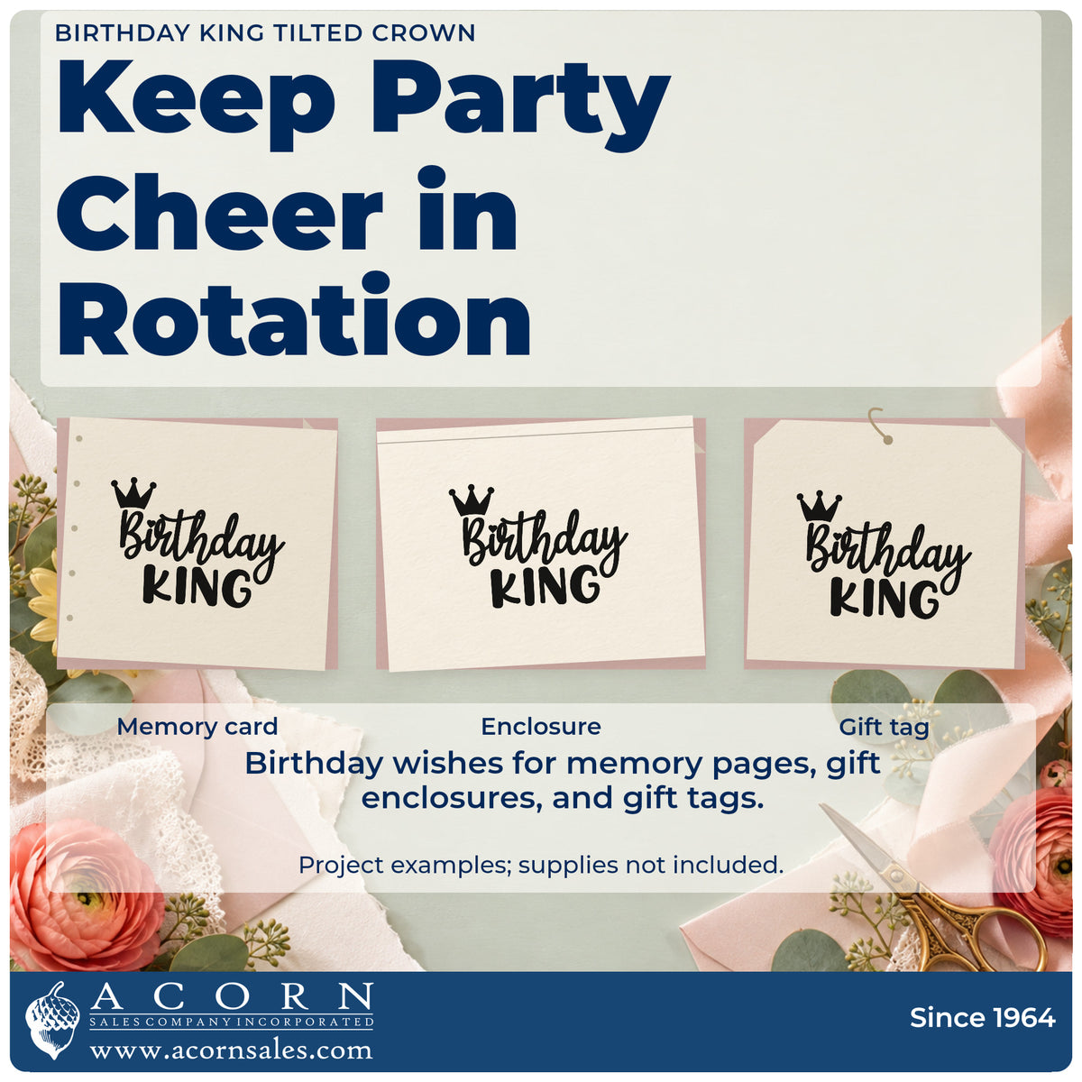 Three project examples made with the Slim Pre-Inked Tilted Crown Birthday King Stamp, including day plan sheet.