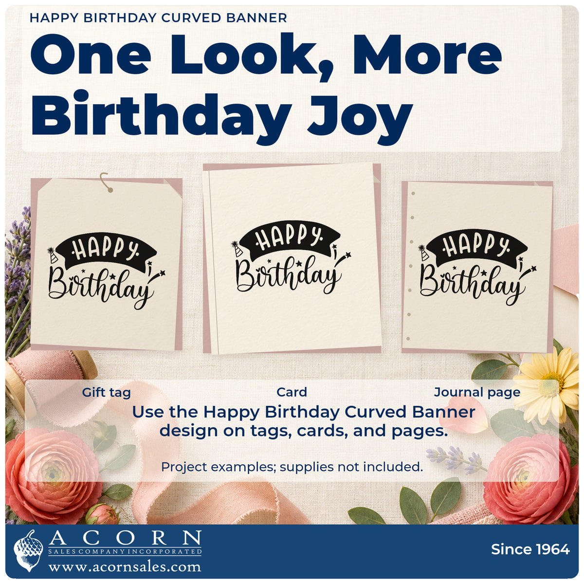 Three project examples made with the Happy Birthday Curved Banner Wood-Mounted Rubber Stamp, including mailing plan sheet.