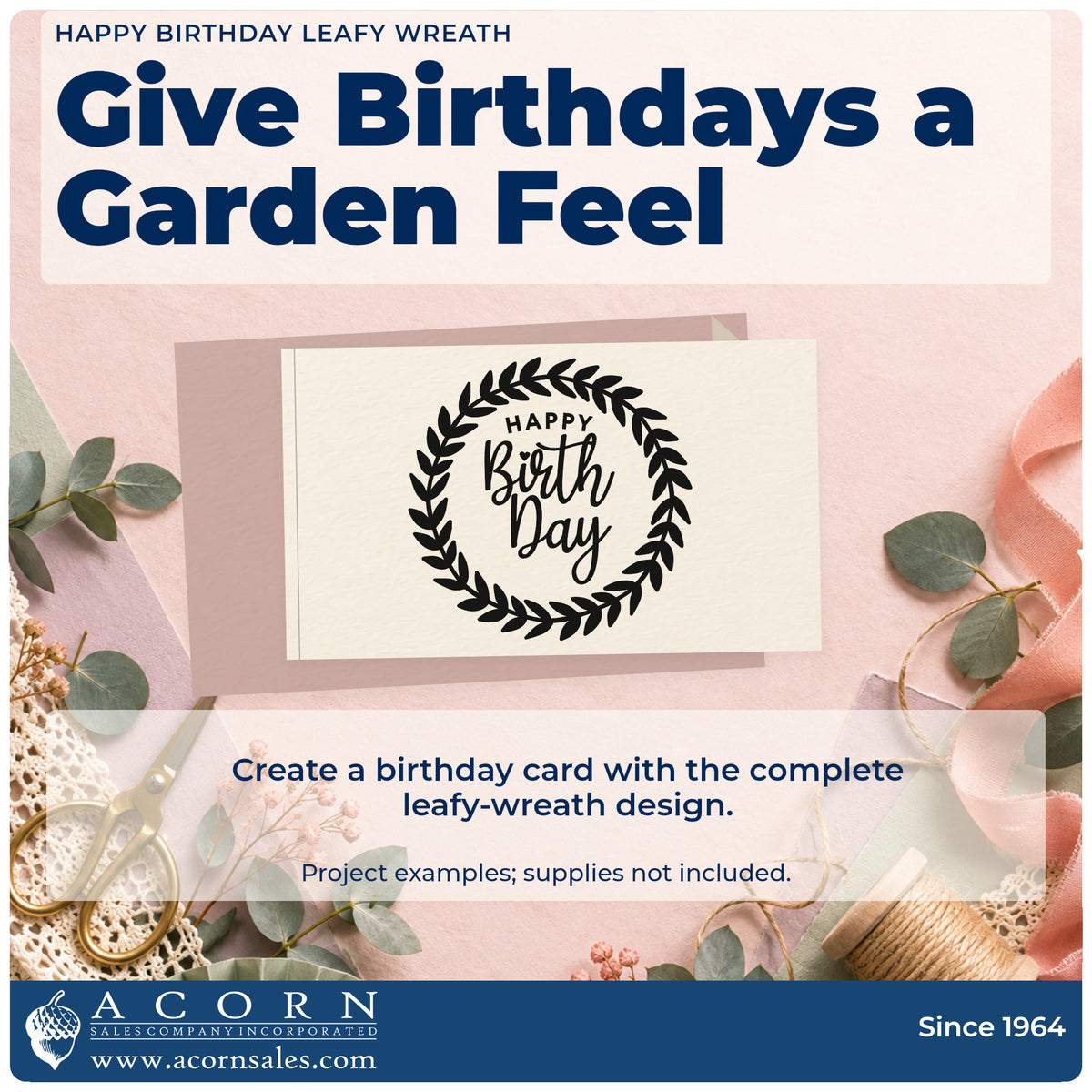 A finished handmade project stamped with the Happy Birthday Leafy Wreath Stamp – Duo Hand, ideal for woodland album page.