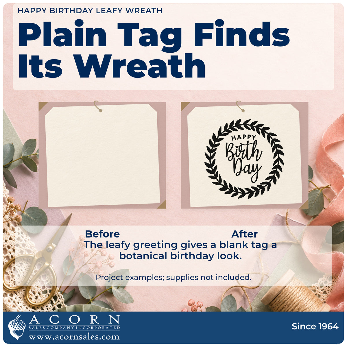 Before and after of a plain item finished with the Self-Inking Happy Birthday Leafy Wreath Stamp, a quick upgrade for framed back porch.