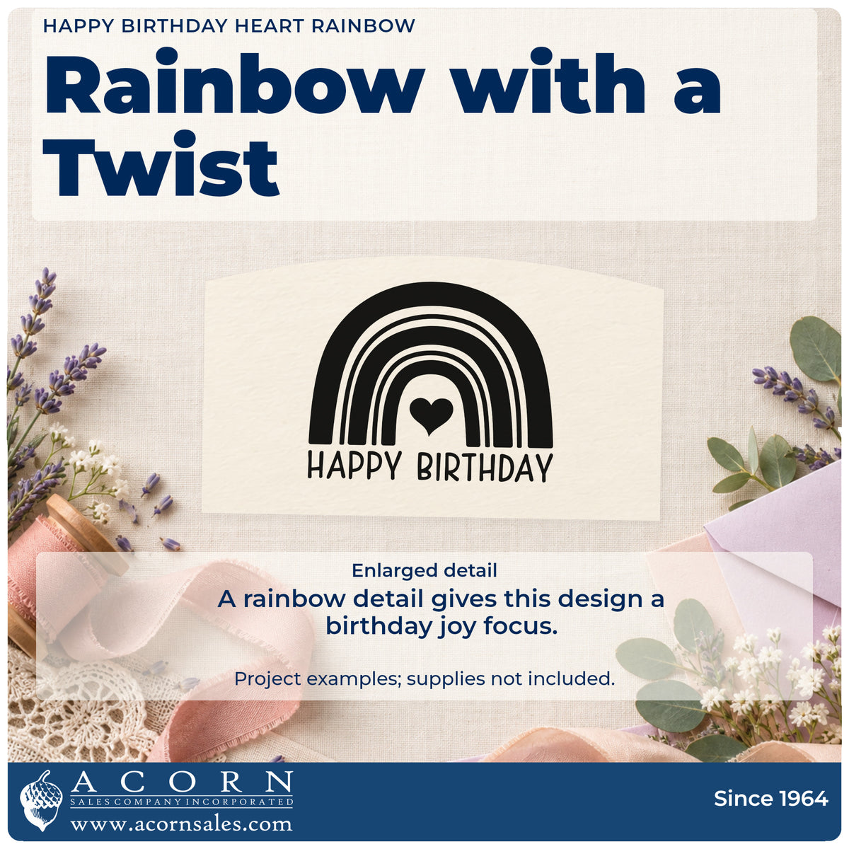 Enlarged detail of the Happy Birthday Heart Rainbow Pre-Inked Stamp – Slim imprint. A bold rainbow with a central heart sits above HAPPY BIRTHDAY.