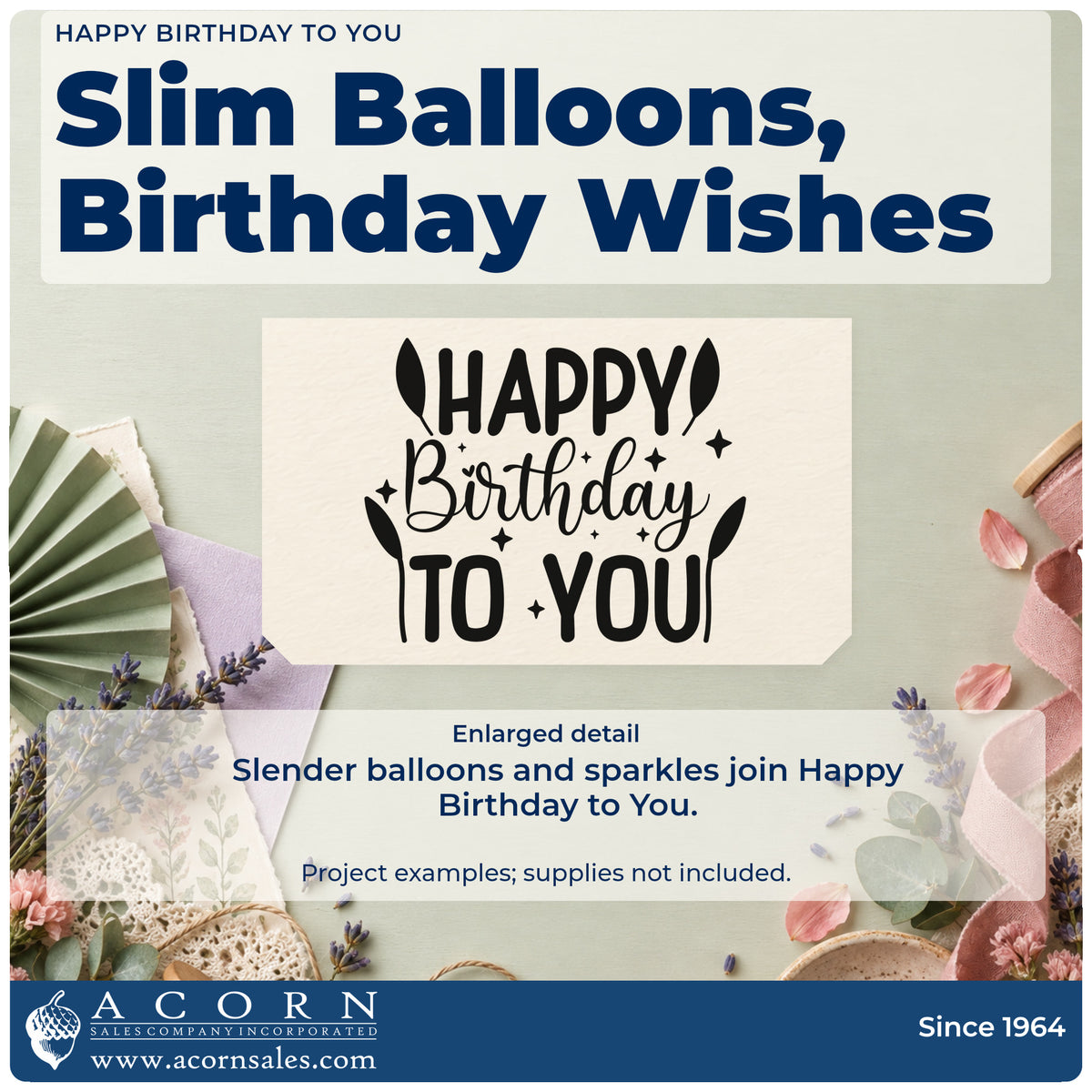 Enlarged detail of the Happy Birthday To You Balloons Stamp – Premium Vintage Pro Wooden imprint. HAPPY Birthday TO YOU appears with slim balloons and small sparkles.