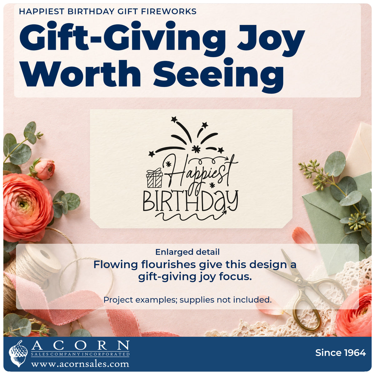 Enlarged detail of the Birthday Gift And Firework Wishes Rubber Stamp – Duo Hand imprint. Happiest BIRTHDAY appears with a small wrapped gift, fireworks, and curling decorative lines.