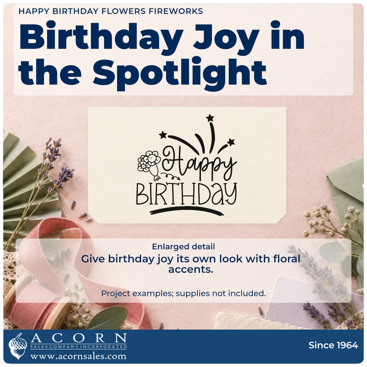 Enlarged detail of the Happy Birthday Flowers Fireworks With Stars Pre-Inked Stamp – Slim imprint. Happy BIRTHDAY appears with a small flower bouquet and shooting-star fireworks.