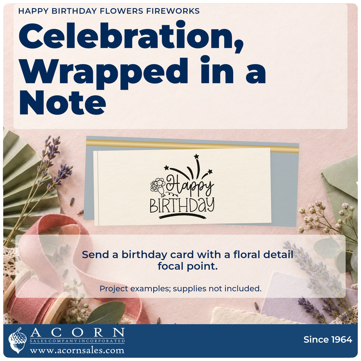 A finished handmade project stamped with the Happy Birthday Flowers Fireworks With Stars Pre-Inked Stamp – Slim, ideal for subscription album page.
