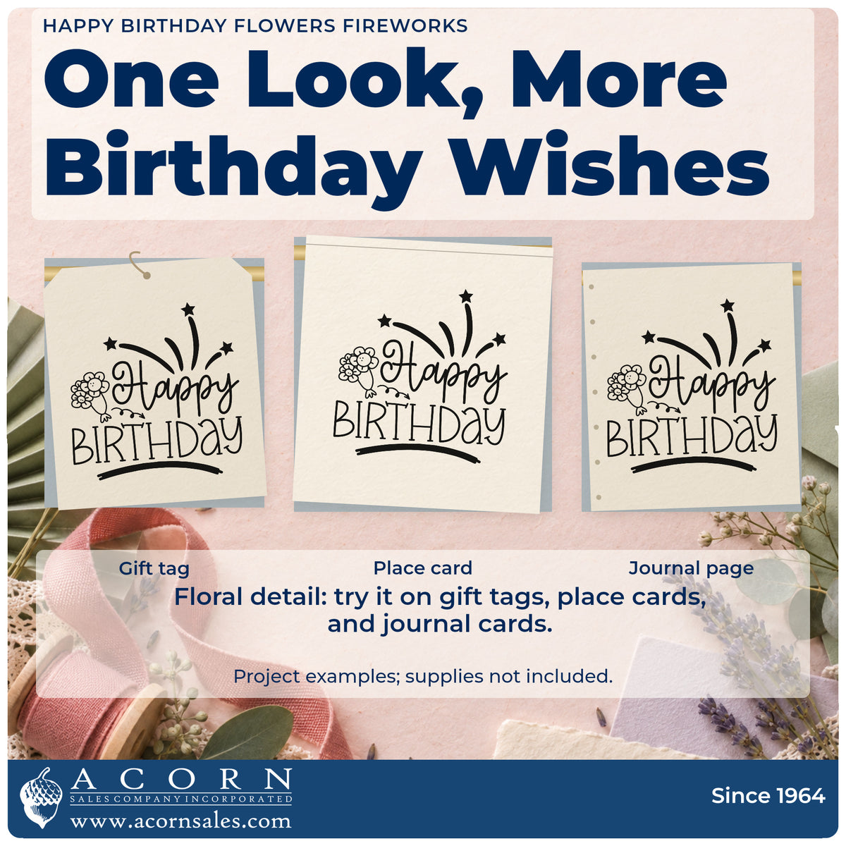 Three project examples made with the Happy Birthday Flowers Fireworks With Stars Premium Wooden Stamp – Vintage Pro, including delivery round sheet.