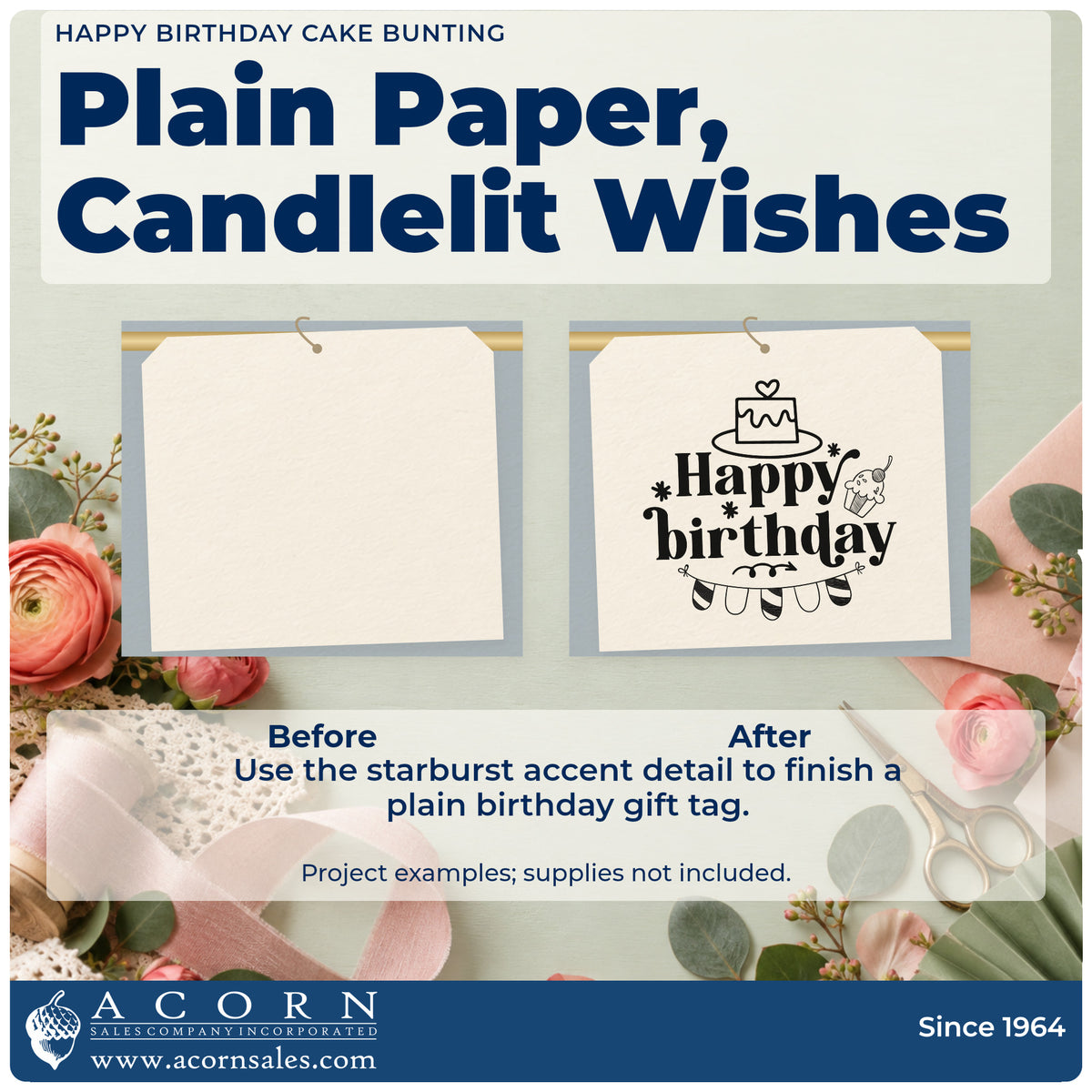 Before and after of a plain item finished with the Happy Birthday Cake And Cupcake Bunting Compact Pre-Inked Stamp – Slim, a quick upgrade for framed bedroom wall.