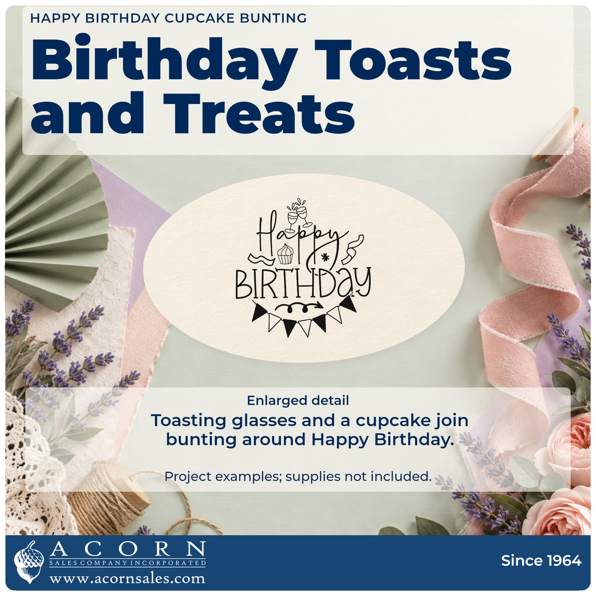 Enlarged detail of the PSI Pre-Inked Happy Birthday Toasting Glasses Bunting Stamp imprint. "Happy birthday" appears with two toasting glasses, a cupcake, streamers, a starburst, and triangular bunting.