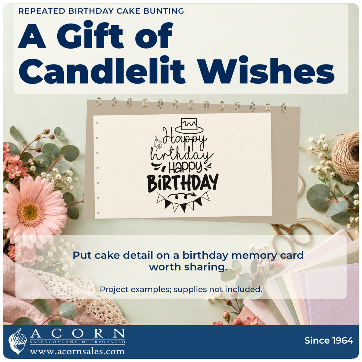 A finished handmade project stamped with the Repeated Birthday Cake Bunting Pre-Inked Stamp – Slim, ideal for event album page.