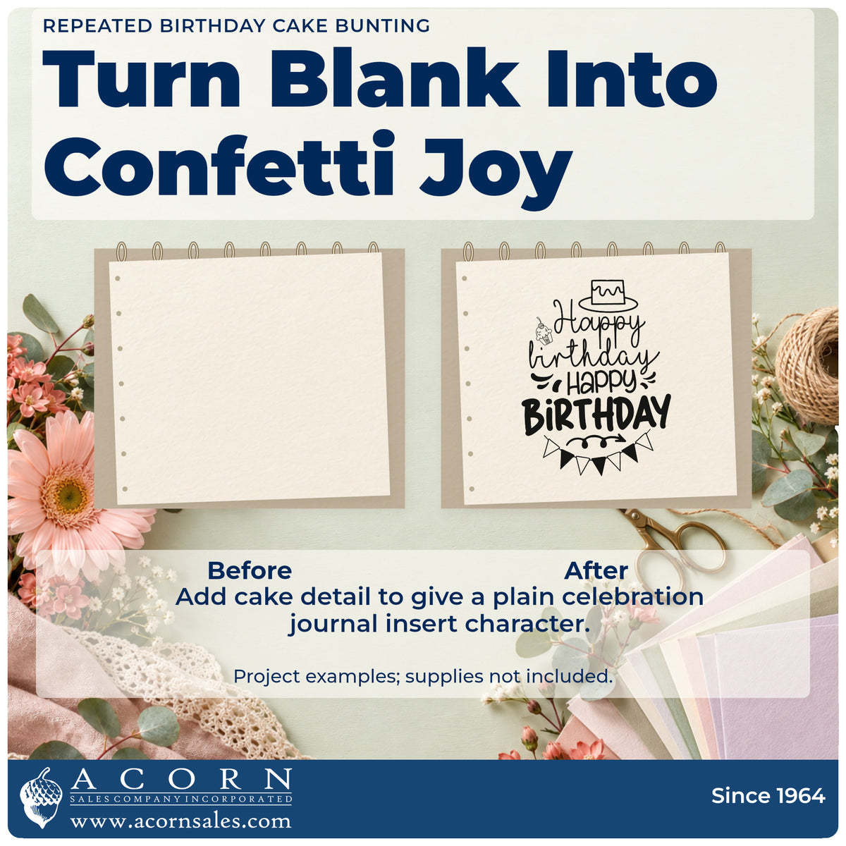 Before and after of a plain item finished with the Repeated Birthday Cake Bunting Wood-Mounted Rubber Stamp, a quick upgrade for framed booth front.