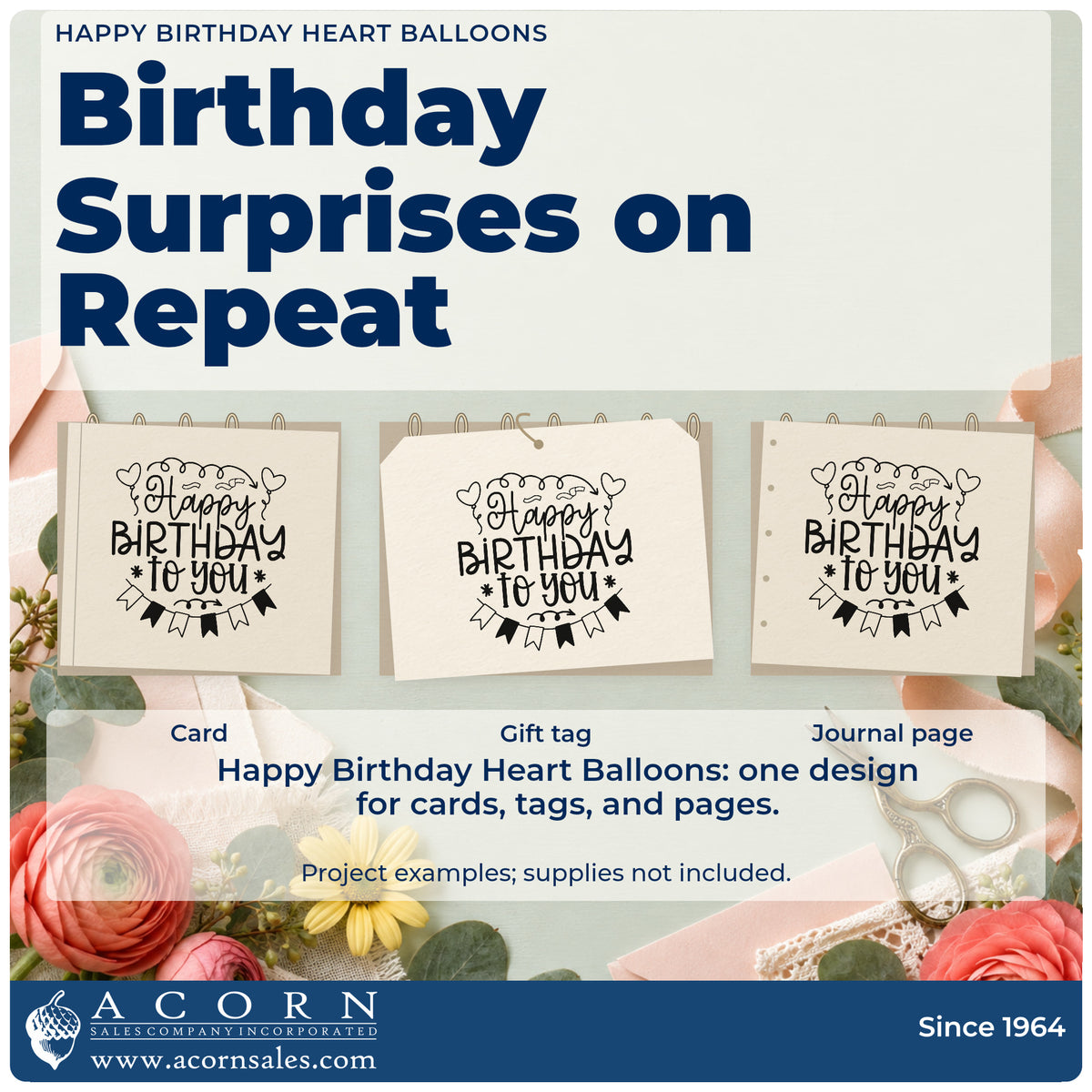 Three project examples made with the Happy Birthday Heart Balloons Stamp – Duo Hand, including day plan sheet.