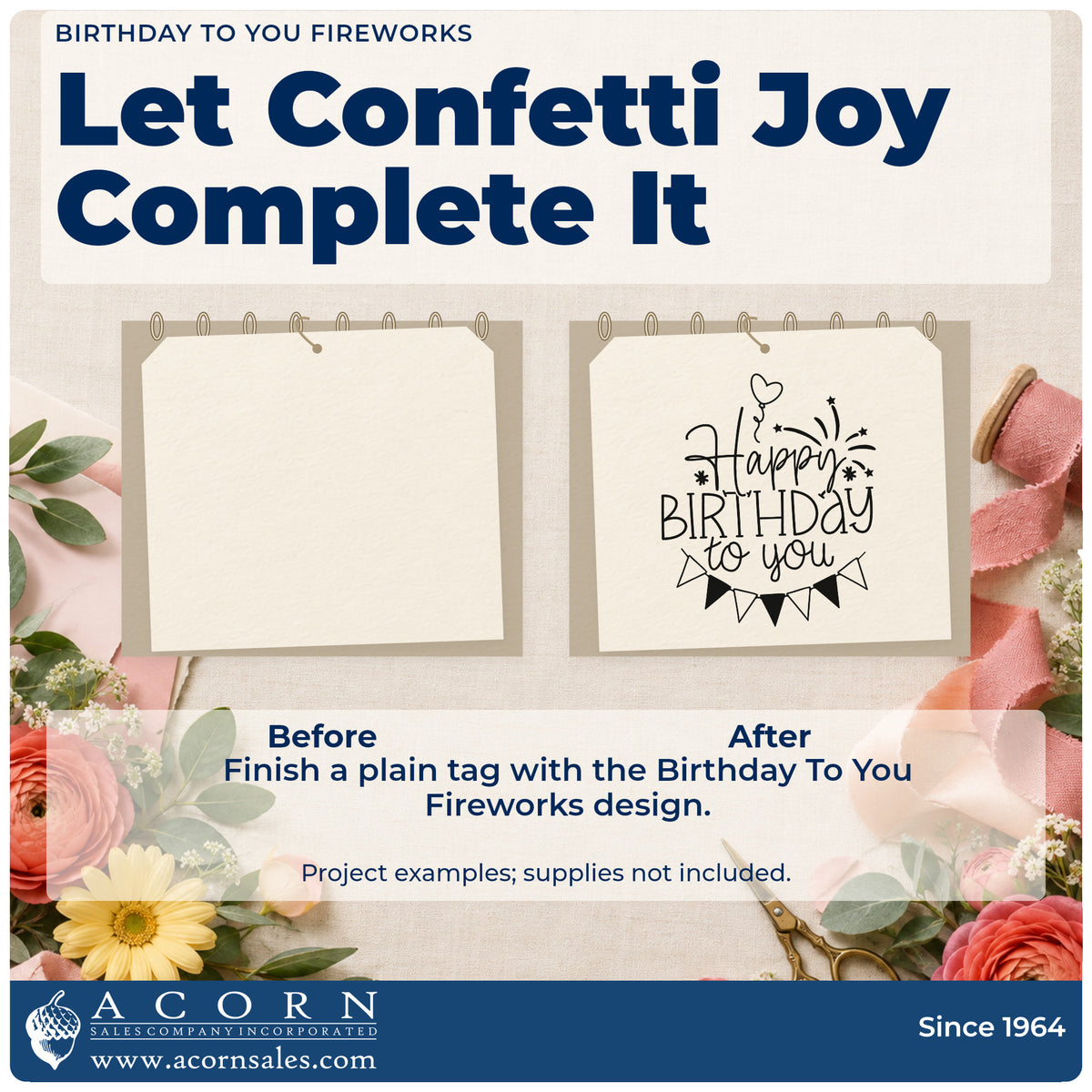 Before and after of a plain item finished with the Birthday To You Fireworks Balloons Stamp – Premium Vintage Pro Wooden, a quick upgrade for framed desk shelf.