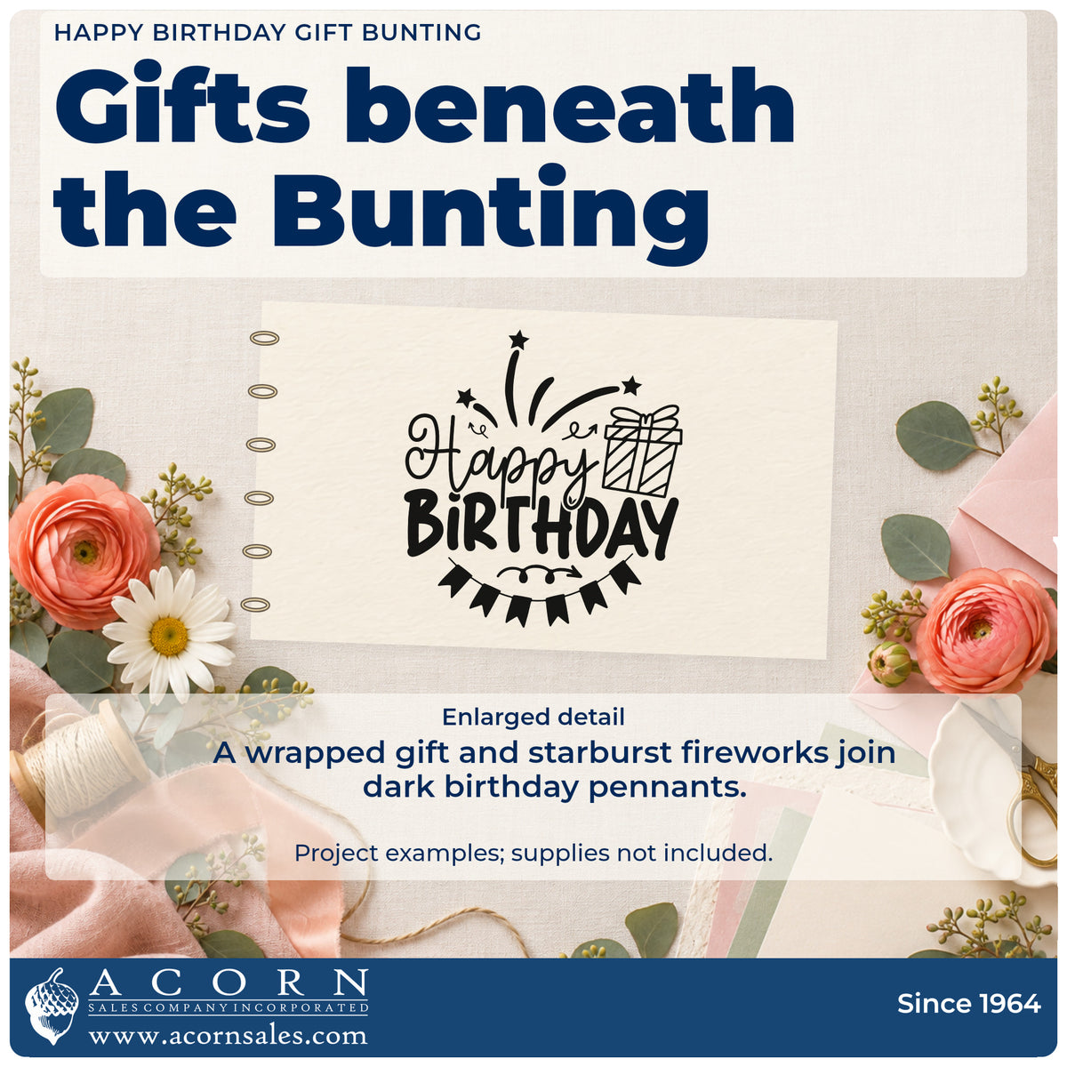 Enlarged detail of the Happy Birthday Gift Bunting Wood Handle Stamp imprint. Happy BIRTHDAY appears with a wrapped gift, starburst fireworks, and dark pennant bunting.