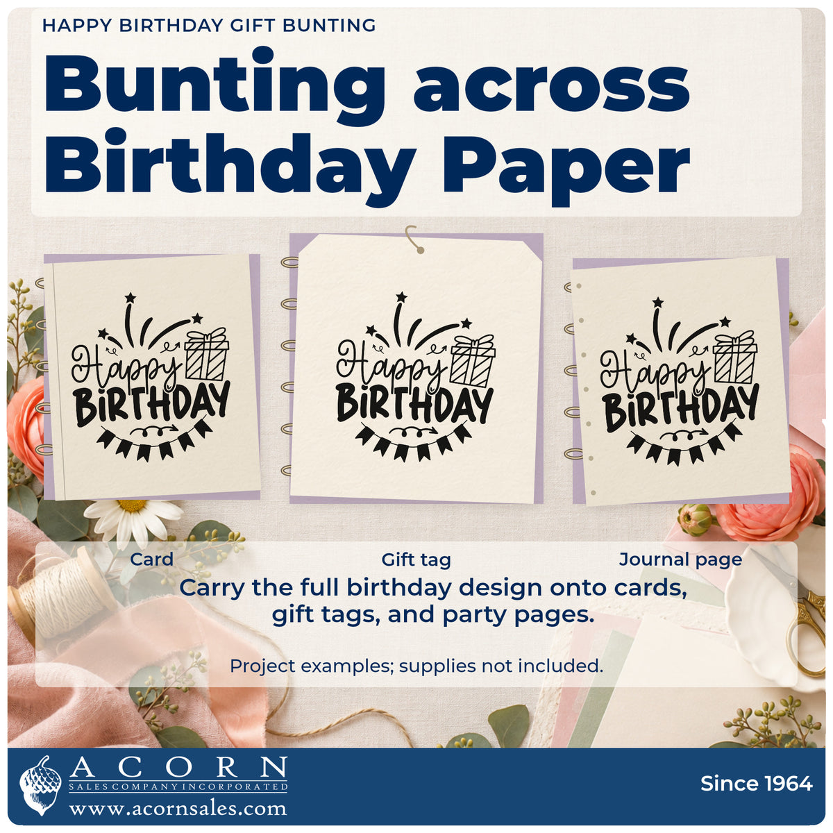 Three project examples made with the Happy Birthday Gift Bunting Wood Handle Stamp, including reorder plan sheet.