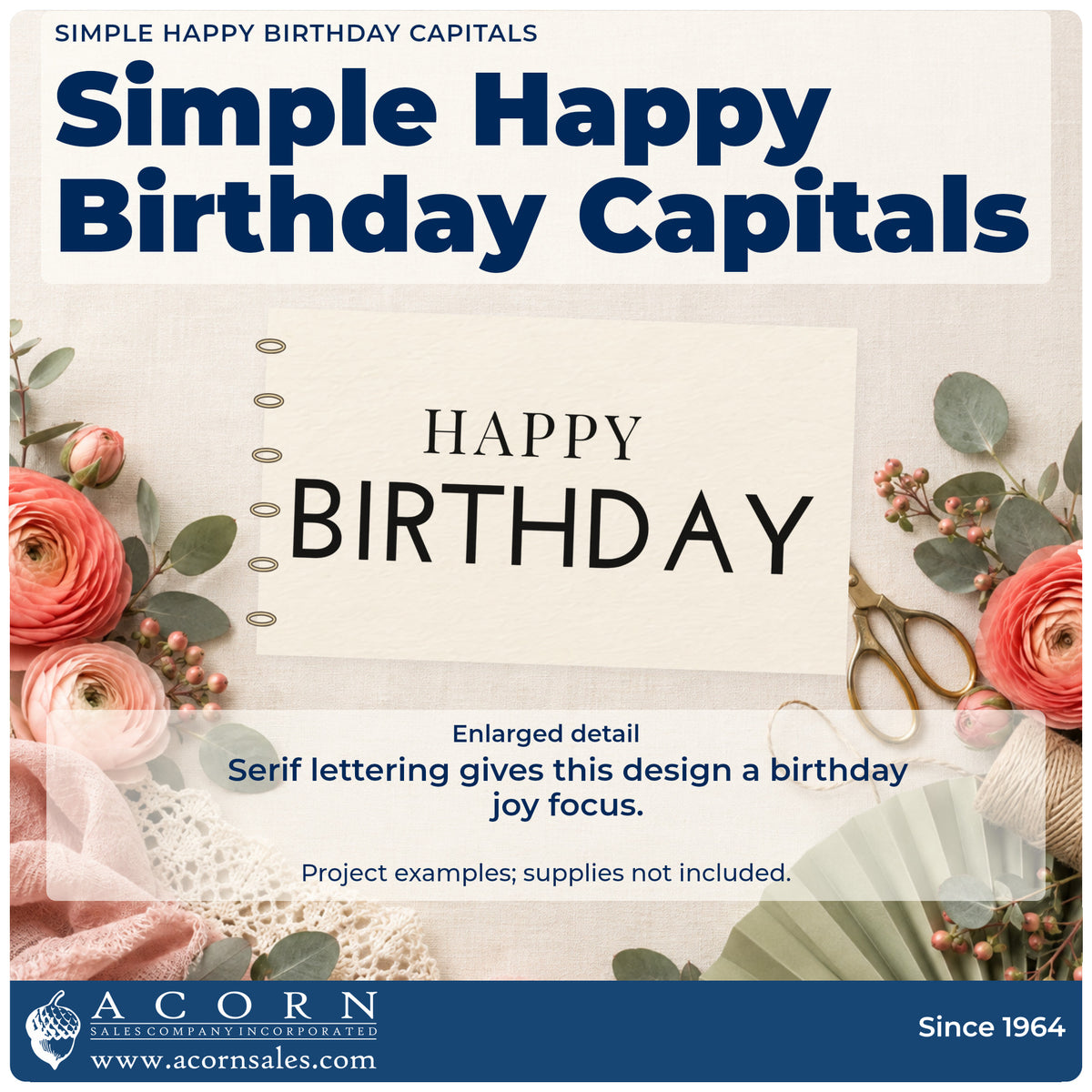 Enlarged detail of the Simple Happy Birthday Capitals Serif Lettering Premium Wooden Stamp – Vintage Pro imprint. HAPPY appears in small serif capitals above larger plain BIRTHDAY capitals.