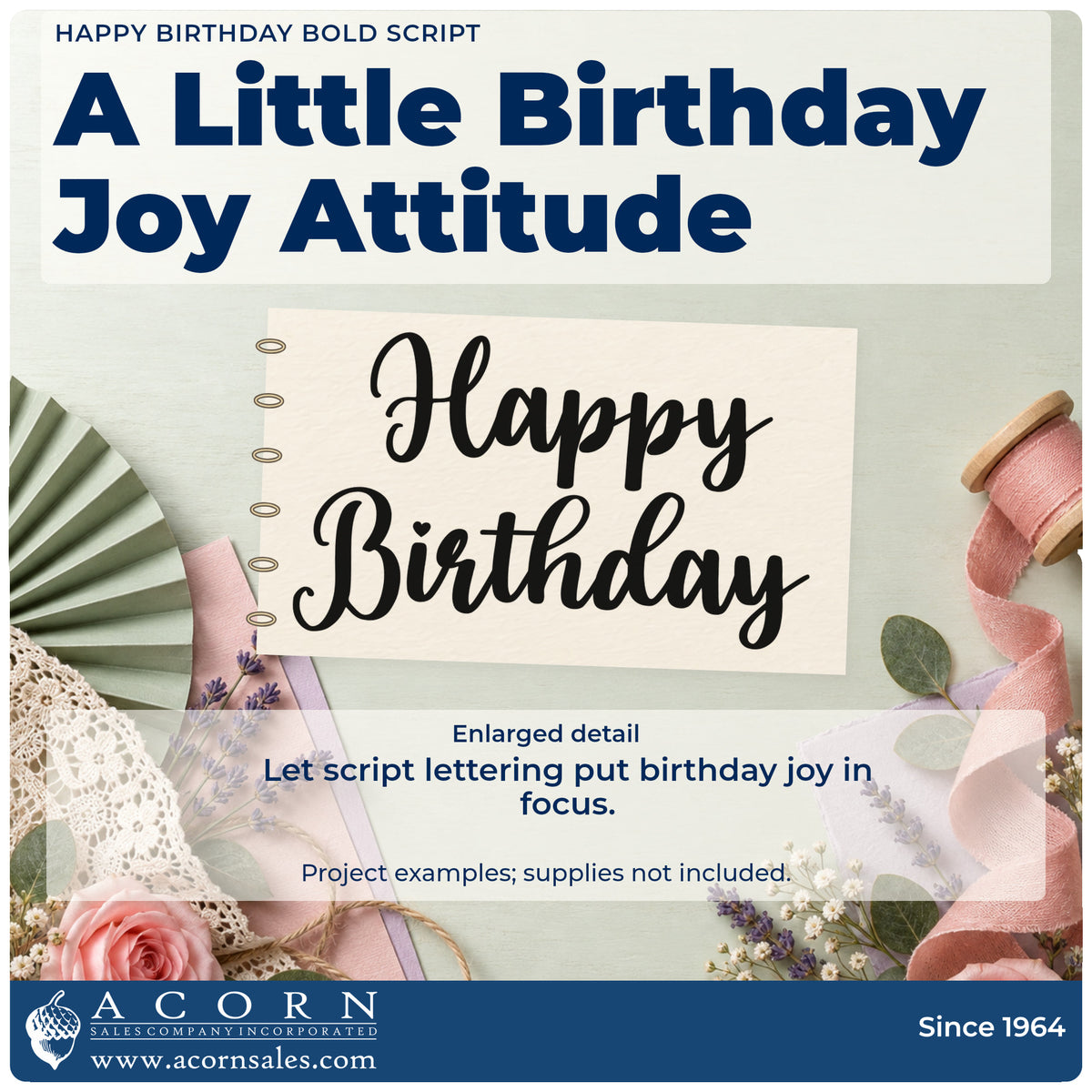 Enlarged detail of the Happy Birthday Bold Script Pre-Inked Stamp – PSI imprint. Happy Birthday appears in two lines of thick flowing script.