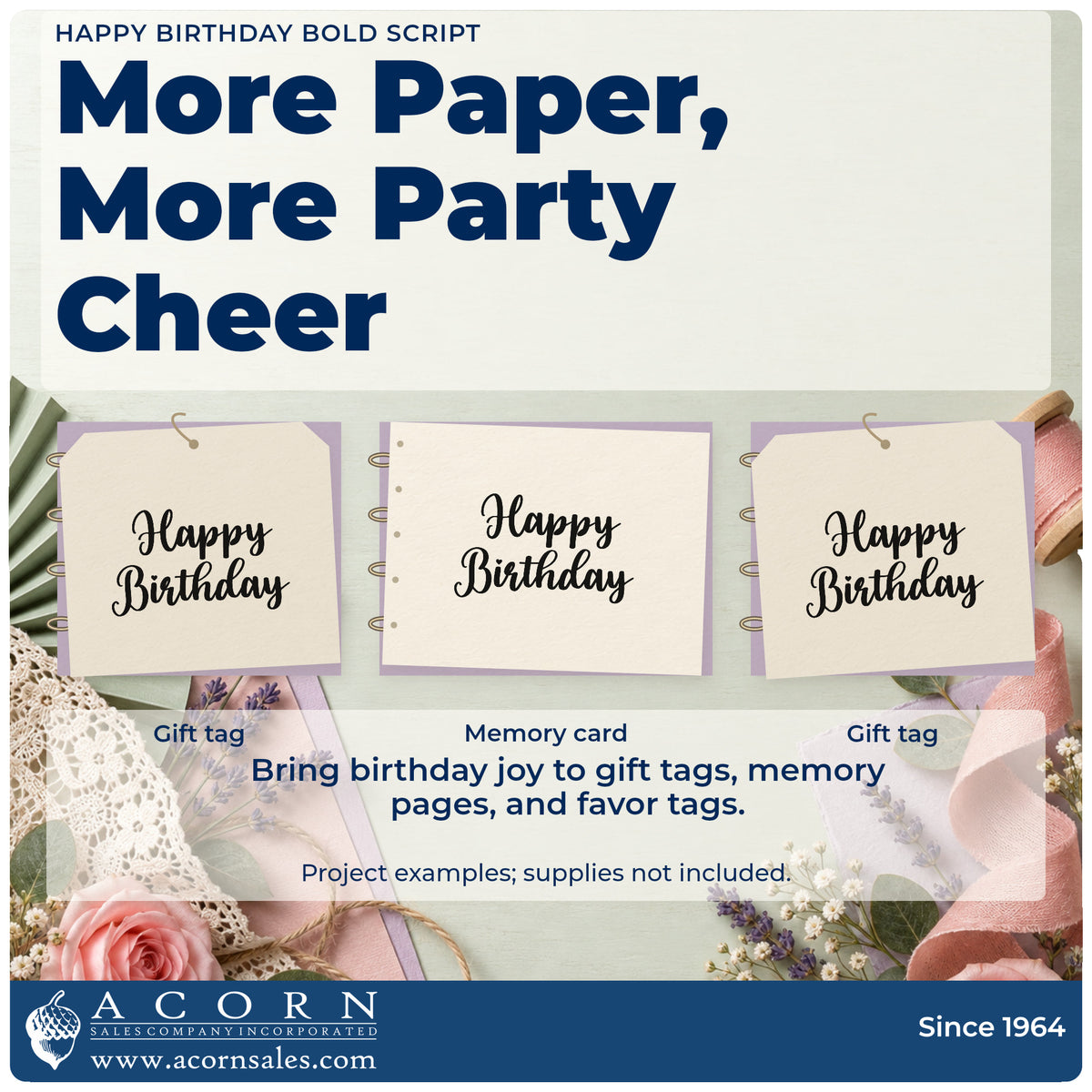 Three project examples made with the Happy Birthday Bold Script Pre-Inked Stamp – PSI, including stock count sheet.