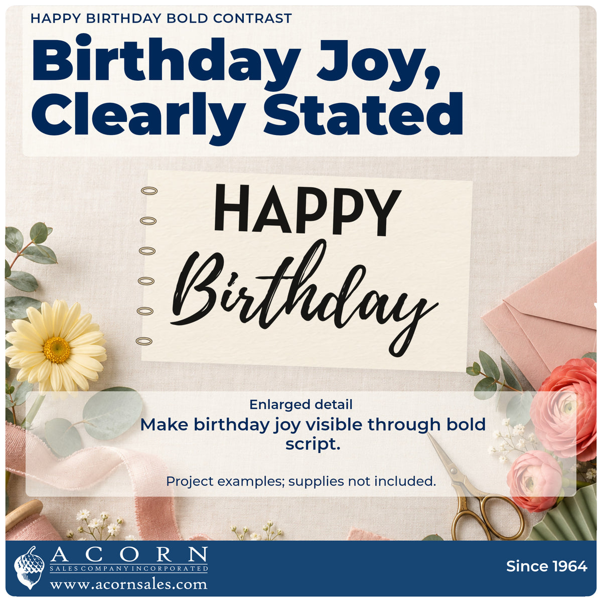 Enlarged detail of the Happy Birthday Bold Contrast Script Lettering Pre-Inked Stamp – Slim imprint. HAPPY appears in bold plain capitals above the script word Birthday.