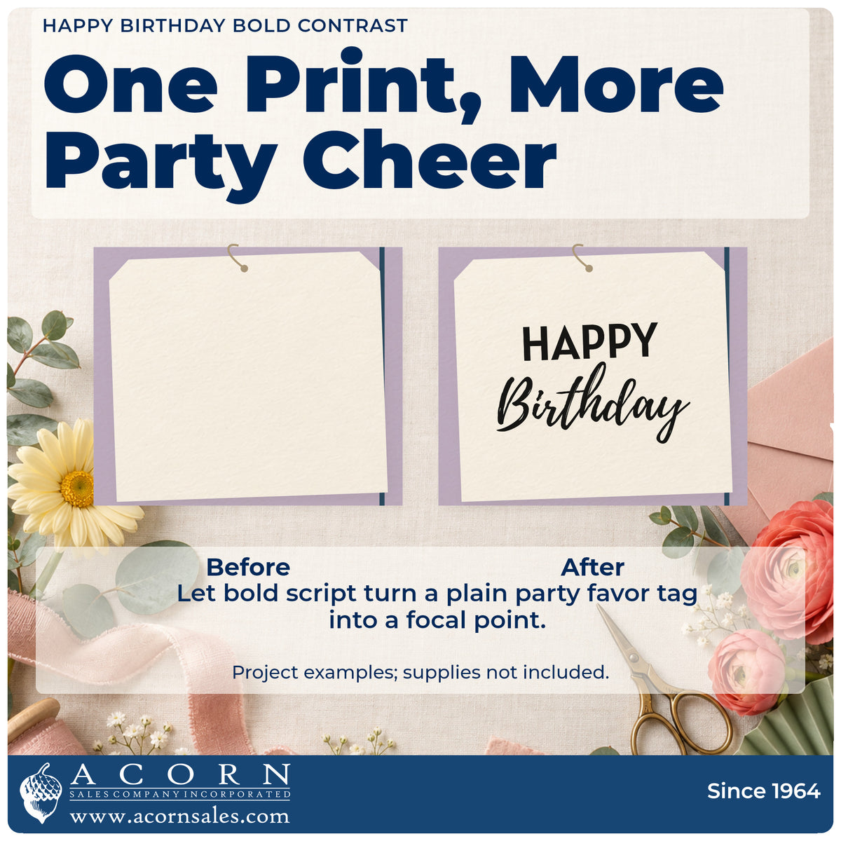 Before and after of a plain item finished with the Pre-Inked Happy Birthday Bold Contrast Script Lettering Stamp – PSI, a quick upgrade for framed work room.