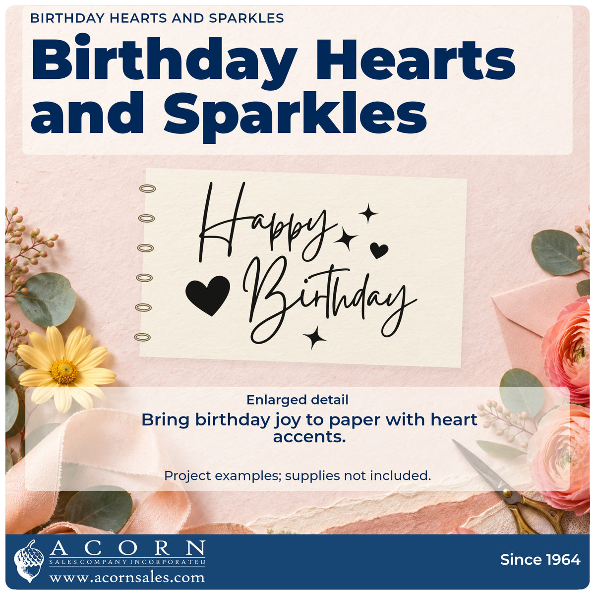 Enlarged detail of the Birthday Hearts And Sparkles Compact Pre-Inked Stamp – Slim imprint. Happy Birthday appears in delicate script surrounded by two hearts and several sparkles.