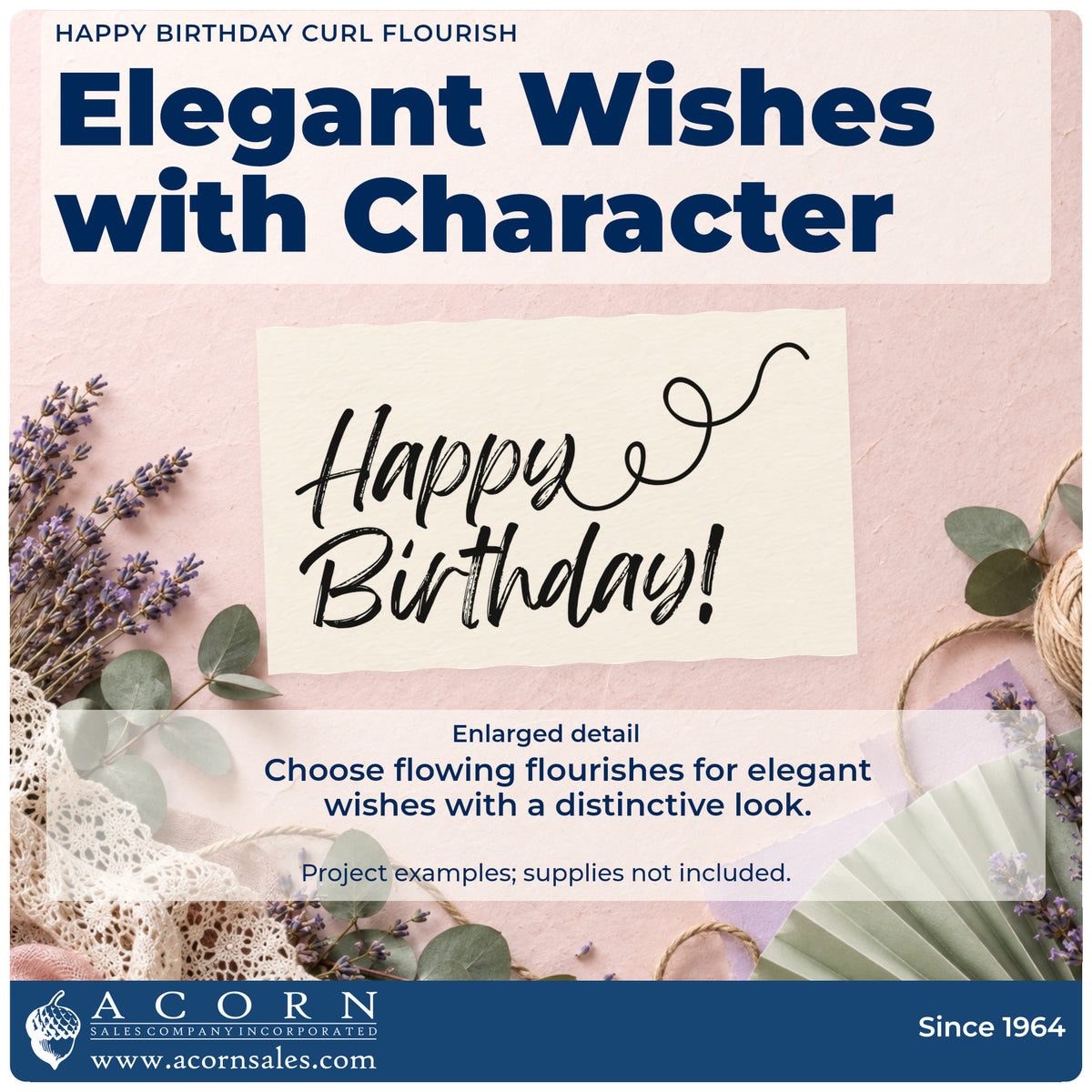 Enlarged detail of the Happy Birthday Curl Flourished Lettering Rubber Stamp – Wood Handle imprint. Happy Birthday! appears in slanted script with a looping flourish at the upper right.