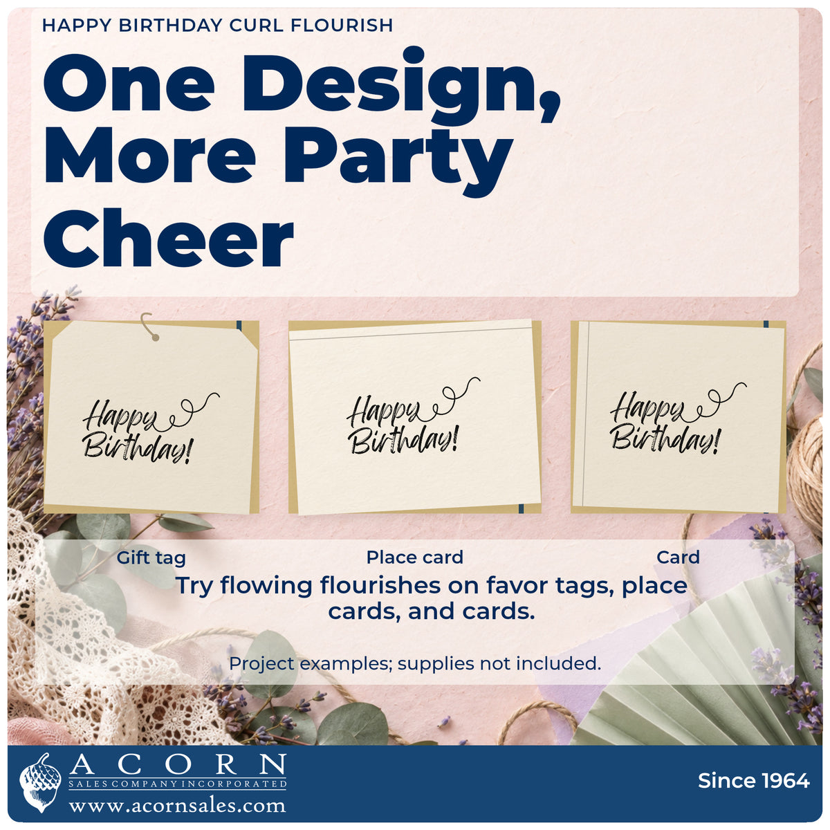 Three project examples made with the Premium Wooden Happy Birthday Curl Flourished Lettering Stamp – Vintage Pro, including birthday spread sheet.