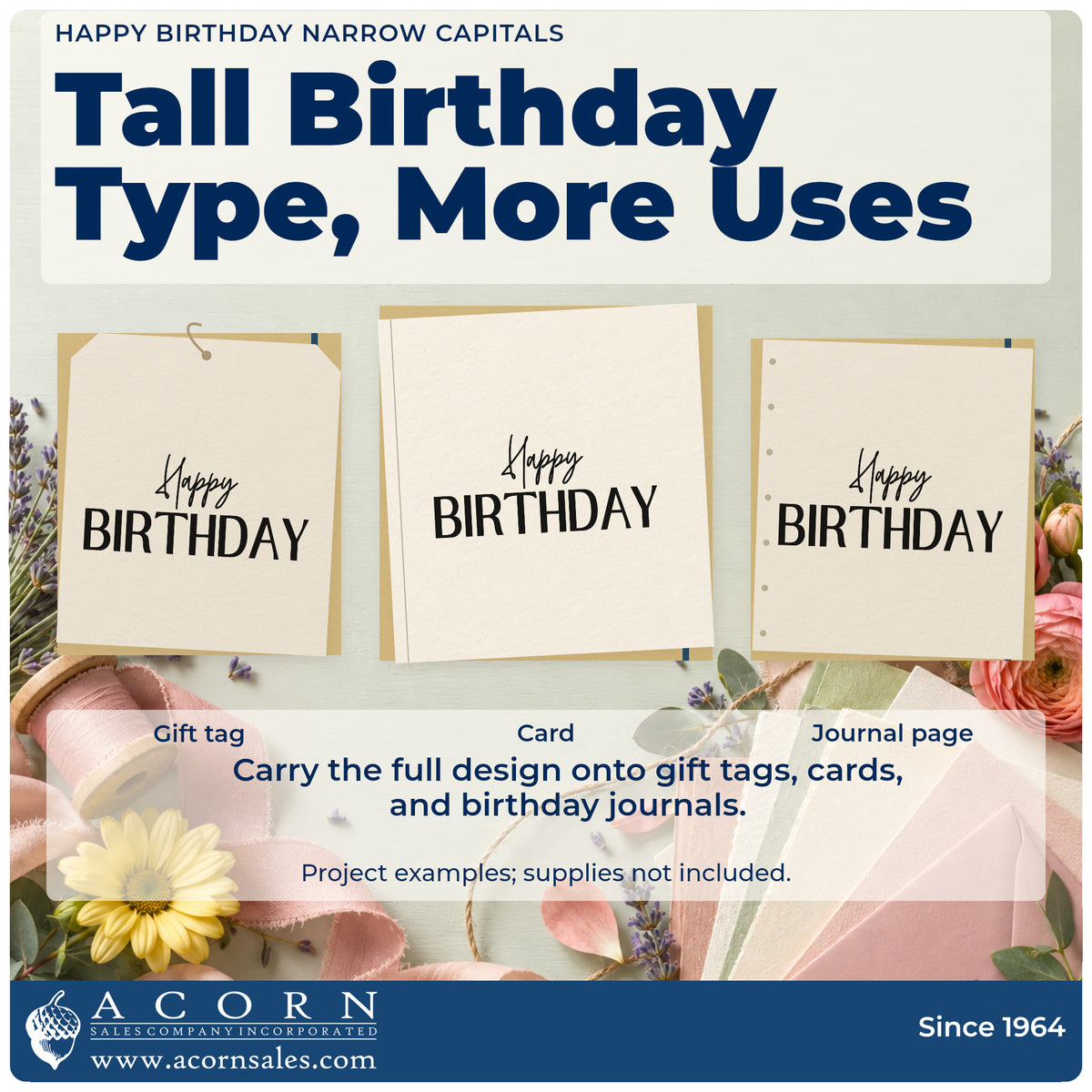 Three project examples made with the Happy Birthday Narrow Capitals Rubber Stamp – Duo Hand, including member date sheet.